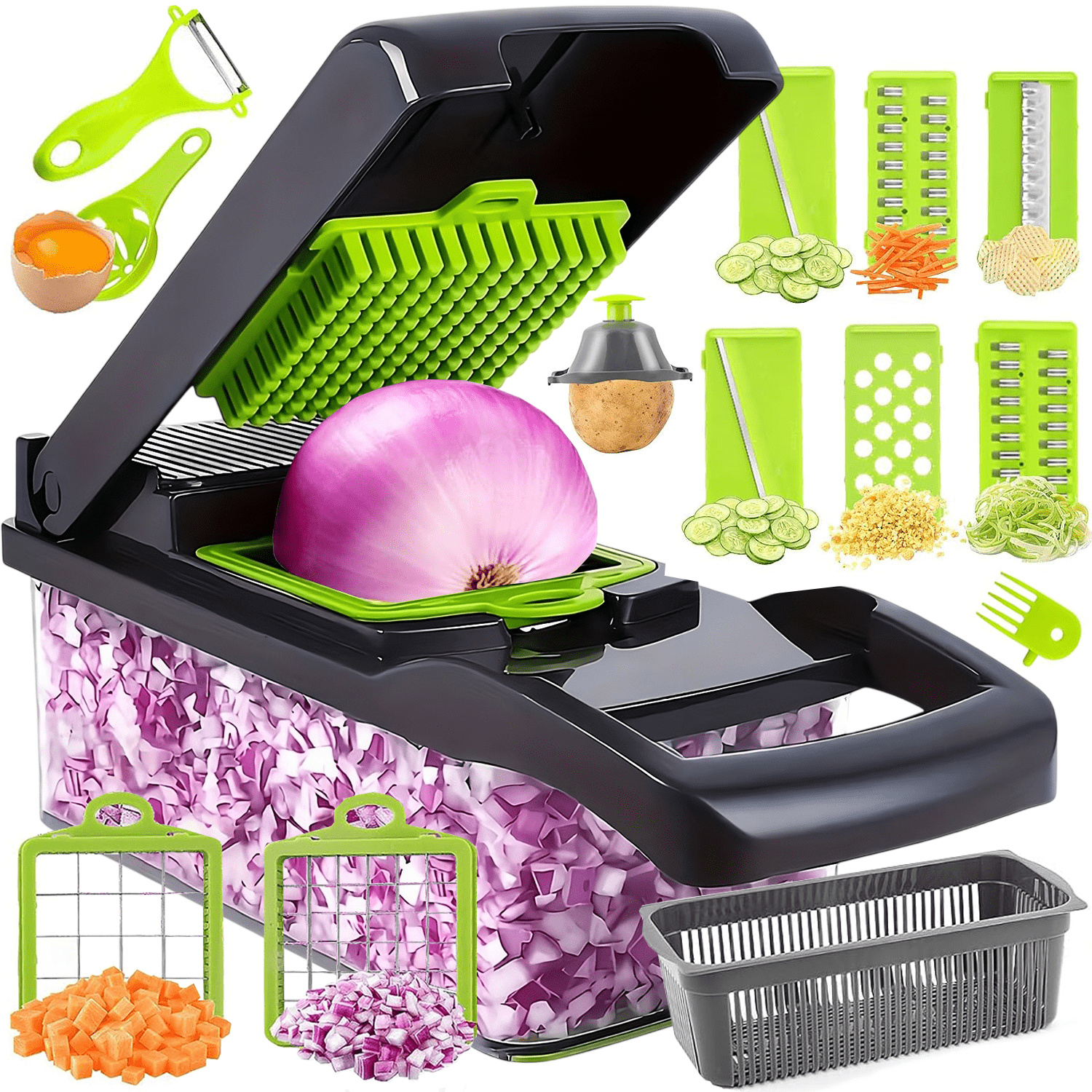 TEMU Cortador Verduras Manual Multifuncional, Múltiples Accesorios y Cuchillas, Recipiente, Pelador y Filtro, para Preparación Fácil de Comidas,