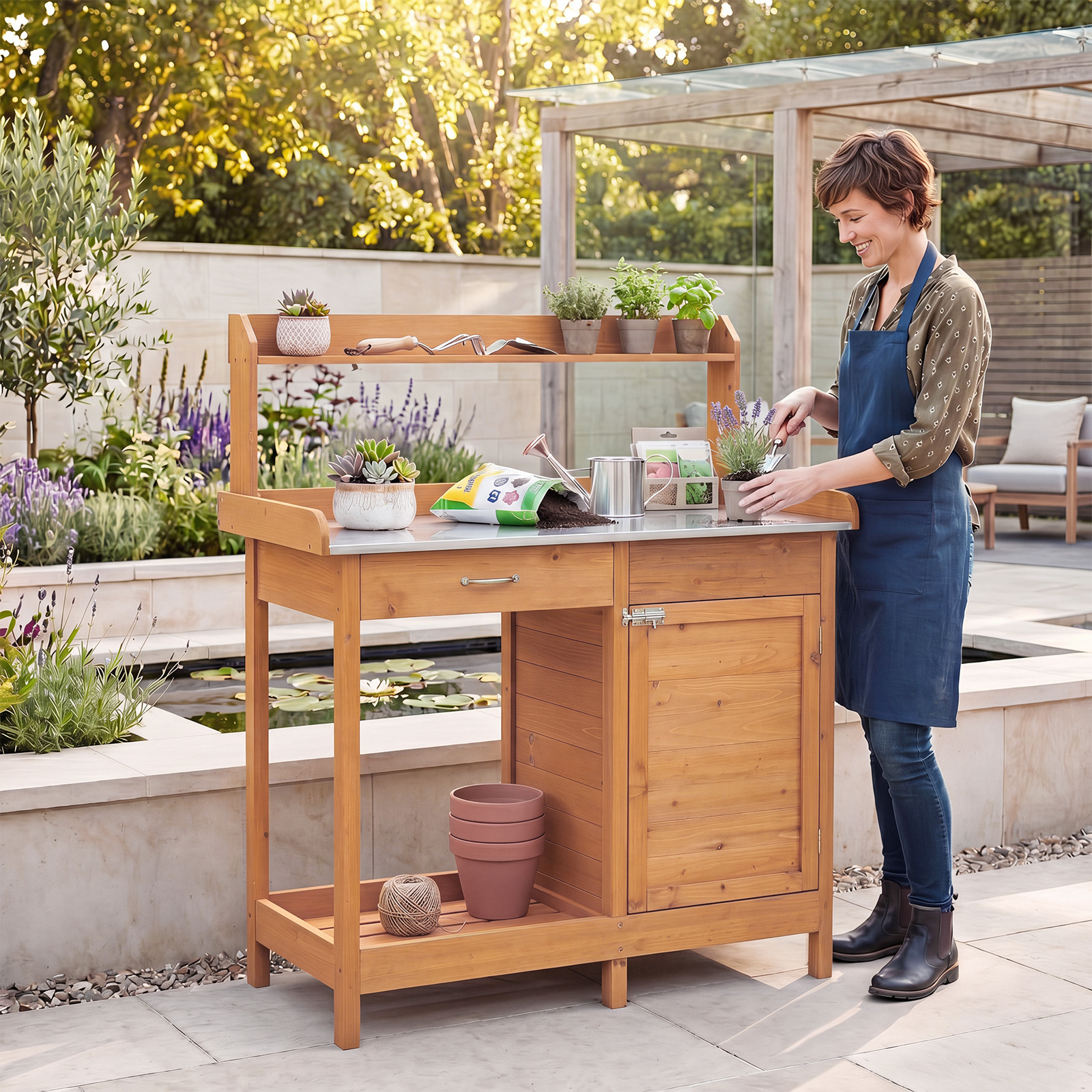 Image of Garden Potting Bench Table, Wood Plant Workstation W/ Stainless Steel Tabletop, Lockable Cabinet, Removable Drawer, Top & Lower Shelf, 3 Hooks, Indoor Outdoor Flower Pot Bench For Yard, Porch, Lawn
