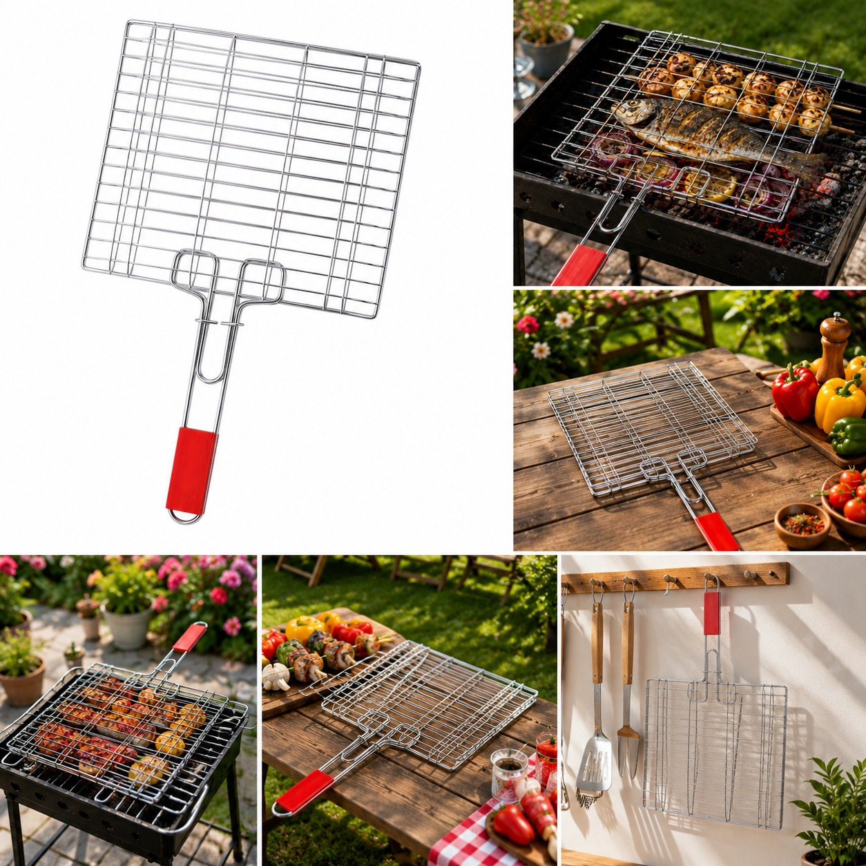 TEMU Stainless Steel Bbq Grill Basket Rectangular Mesh Rack Garden Cooking 28x28cm