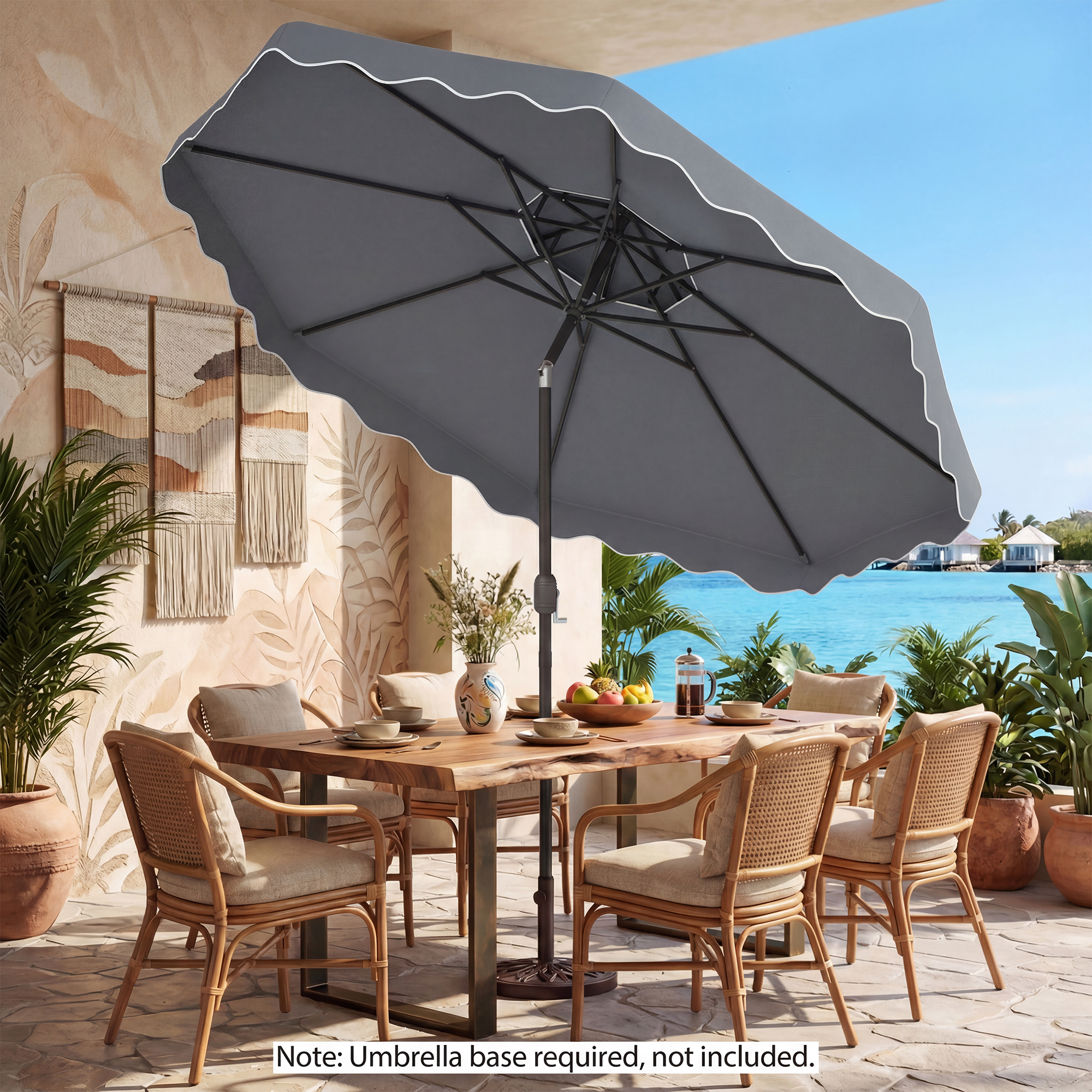 Image of Patio Umbrella With Push Button Tilt & Crank, 2-tier Vented Top, Heavy-duty 8 Metal Ribs, Sun-protective Canopy, Ruffle, Scalloped Outdoor Table Market Umbrella For Deck , Gray