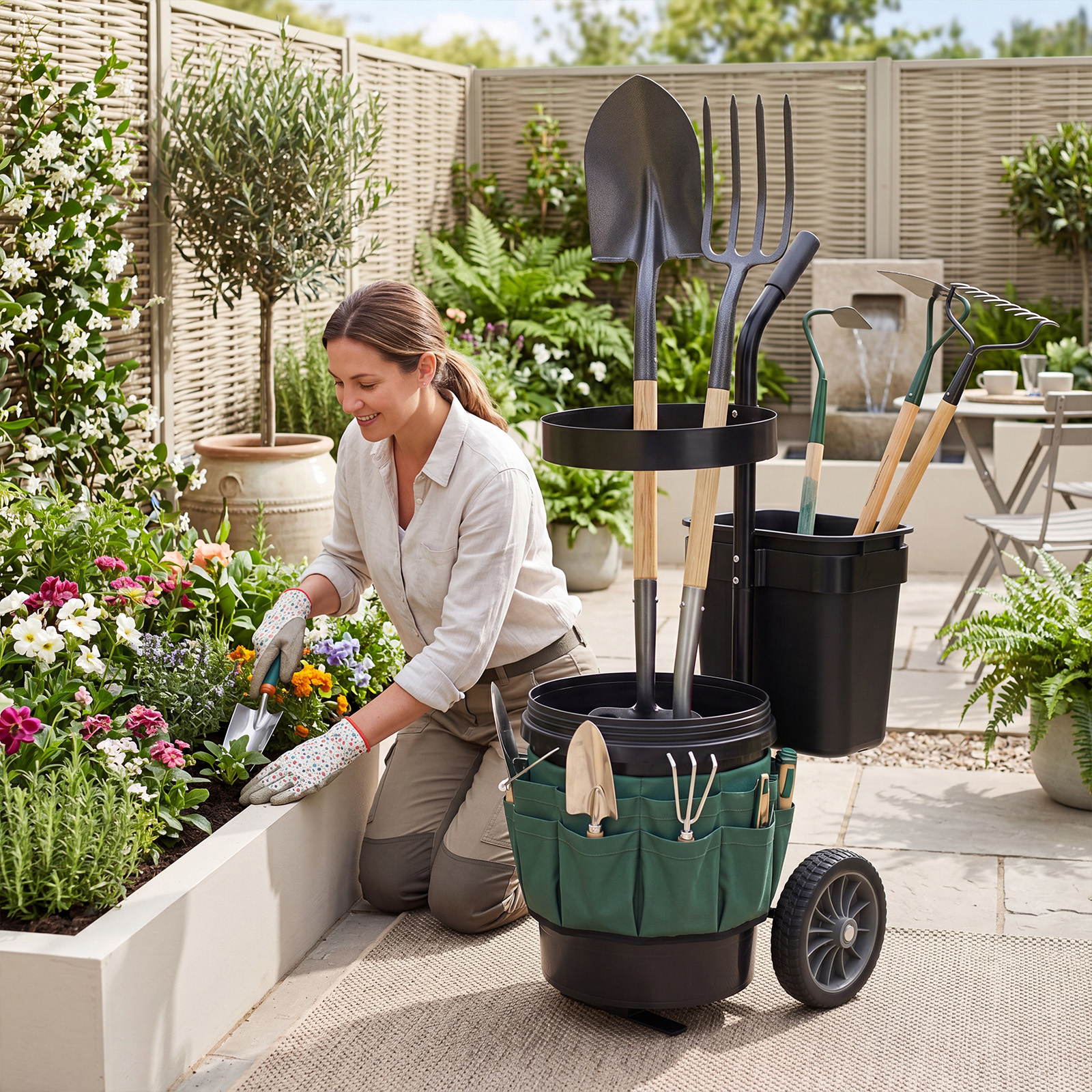 Image of Heavy Duty Rolling Garden Cart With Wheels, Mobile Utility Trolley & Tool Organizer W/ 20l Round Bucket, 5l Rectangular Bin, Oxford Fabric Bag, Portable Yard Caddy For Lawn And Gardening Tool Storage