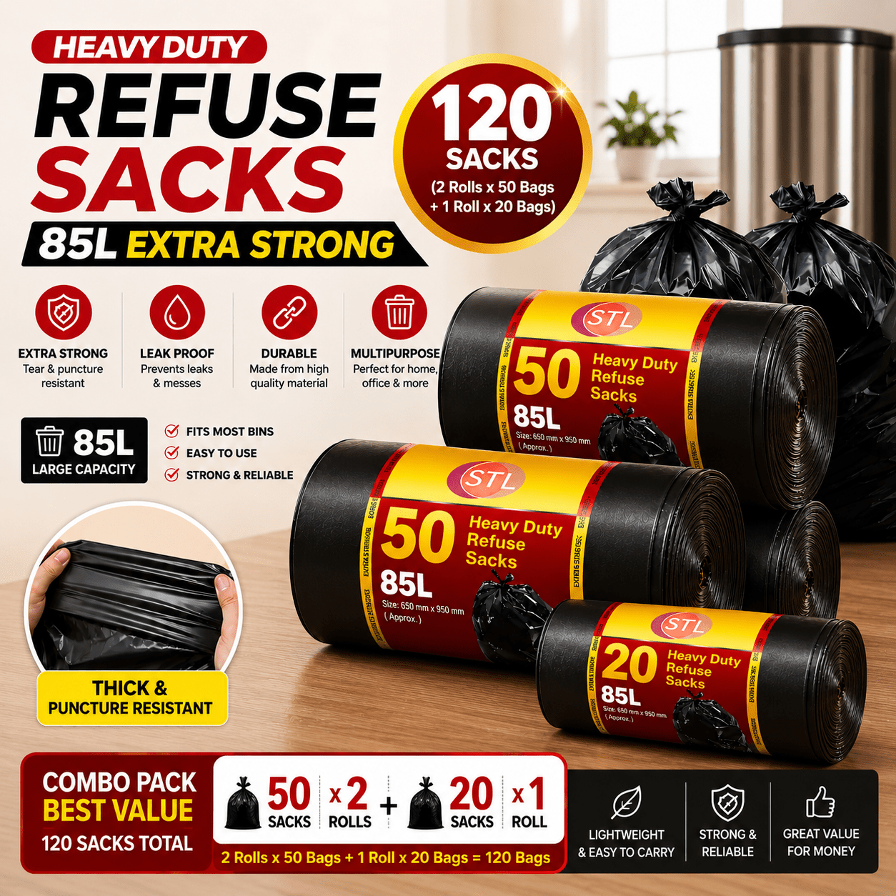 TEMU Extra Strong 120 Heavy Duty Black Bin Liners Rubbish Bags Waste Garbage Sacks