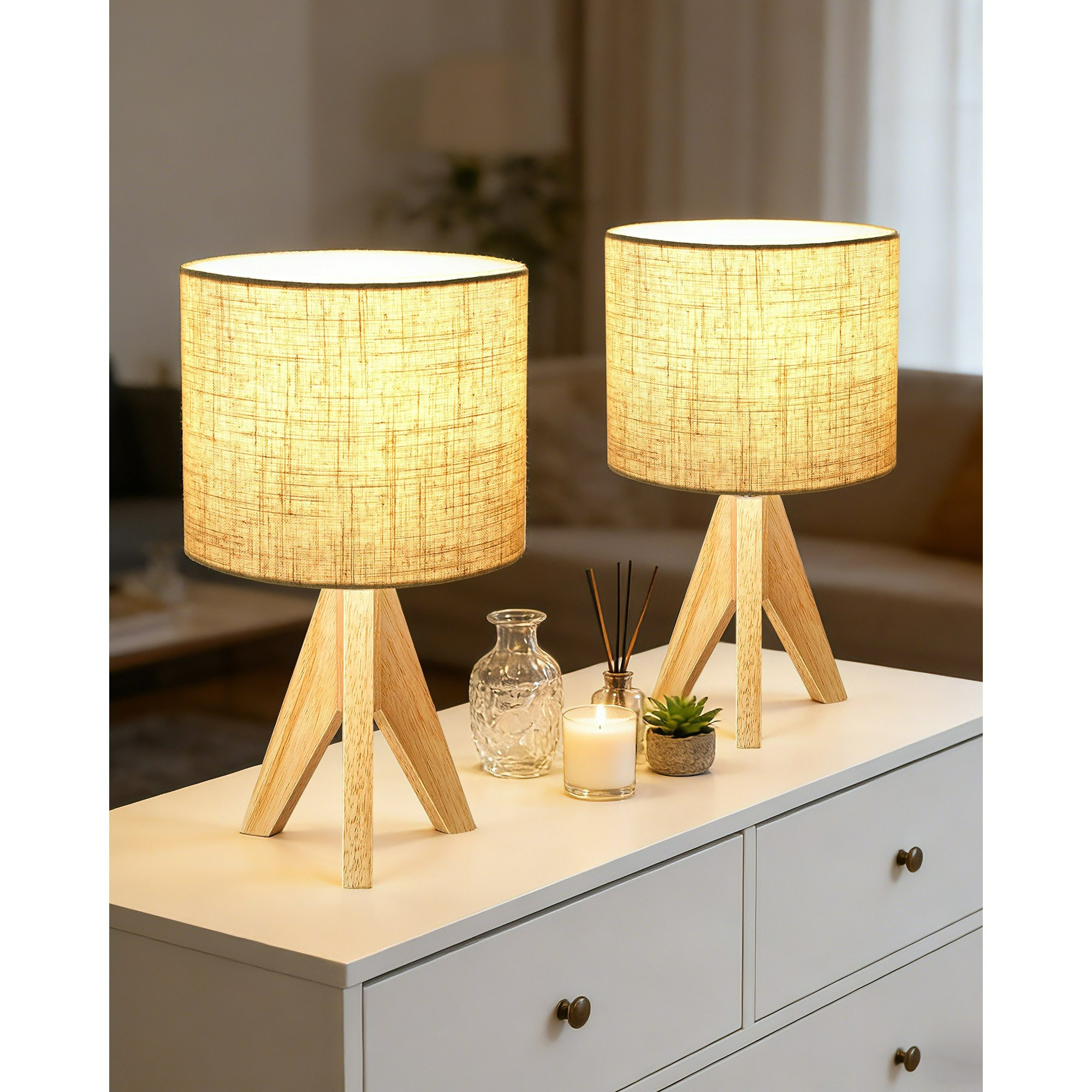 2pcs Set Wooden Table Lamp With Linen Shade, E27 Socket, . Led 2700k Warm White, Beige – For Living & Bedroom