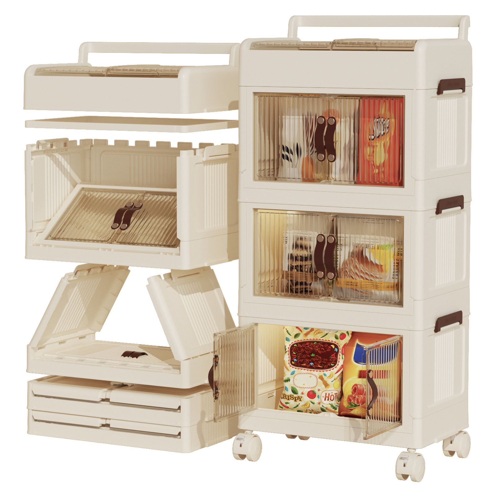 ® Foldable Drawer Boxes With Lid & Wheels, Rolling Container With Drawers White, Plastic Drawer Cabinet 3 Compartments With Wing Doors