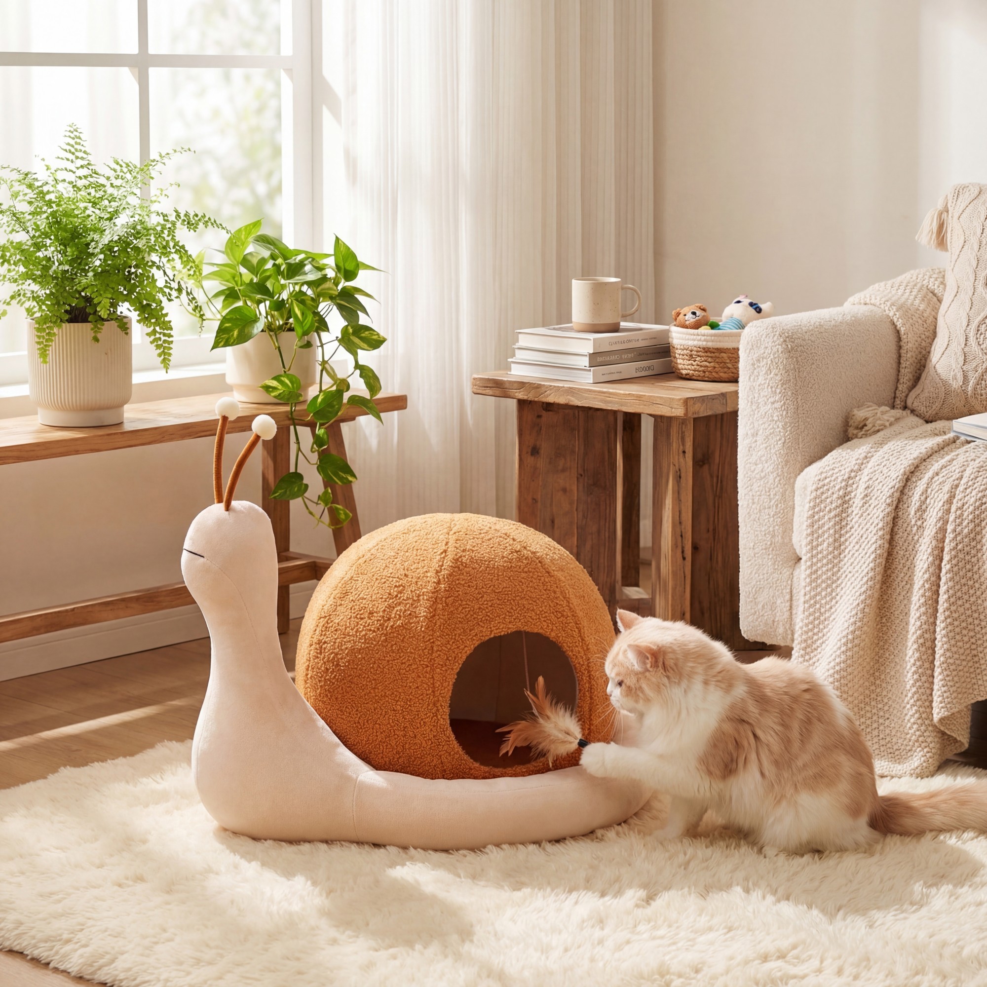 Snail-shaped Cat Bed, Cat House With Removable And Machine-washable Cushion, Fluffy Cat Cave, Cat Hideaway With Non-slip Base