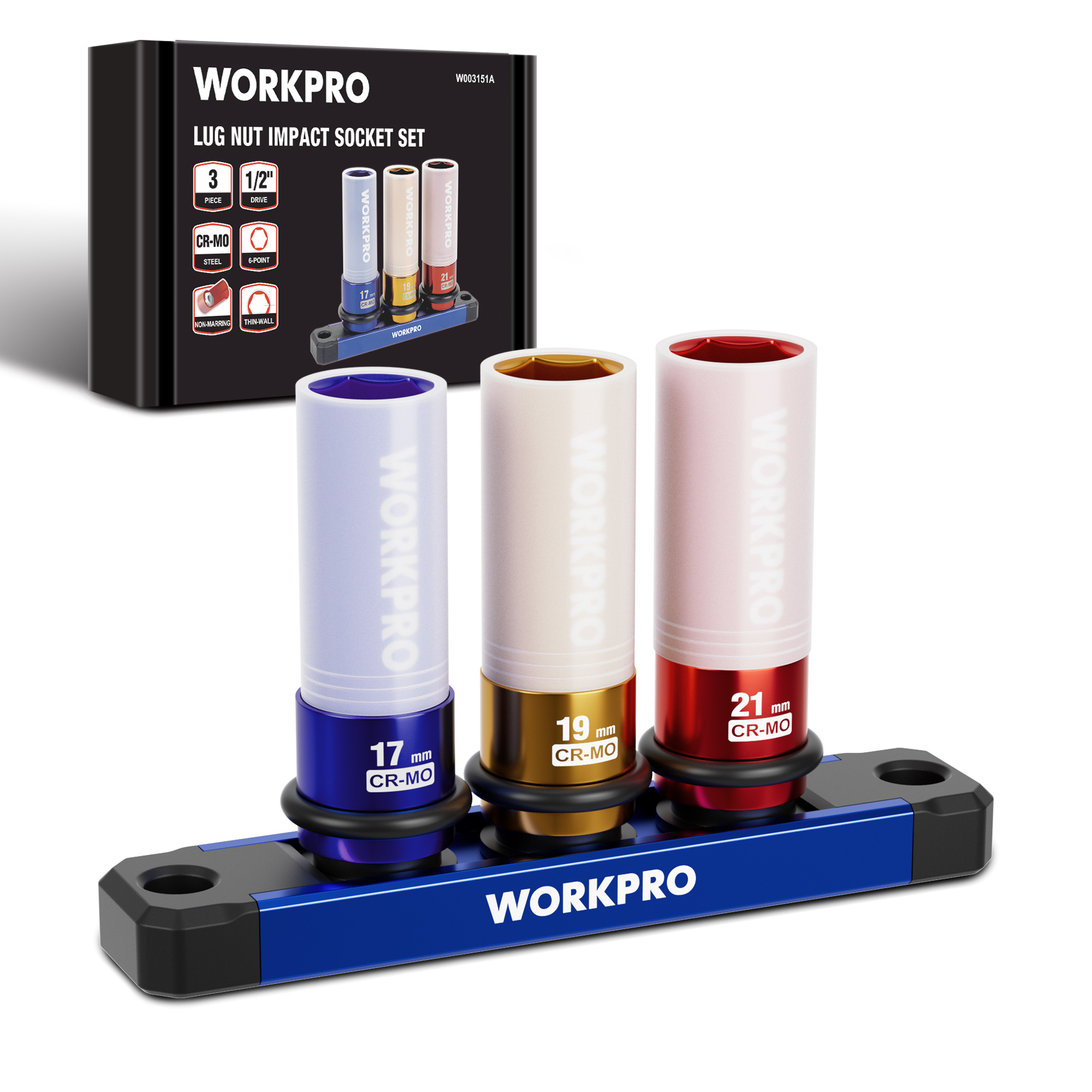 Image of Workpro Impact Wrench Sockets 3-piece Set, 1/2", Cr- | Socket Wrench Set With Rubber Rings, 17/19/21mm, For Impact Wrenches And Car Repairs