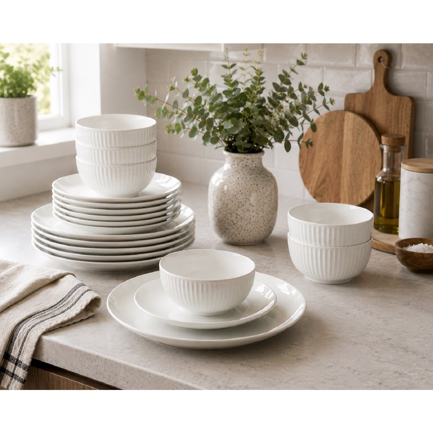 18pc Luna White Porcelain Embossed Dinner Set