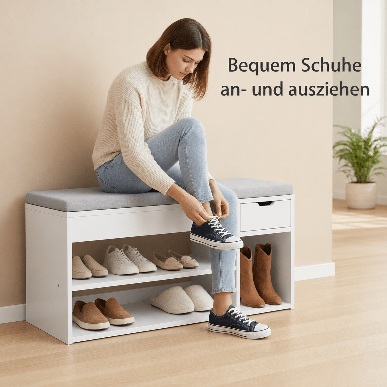 Image of Asukale Shoe Bench With Seat Cushion, Shoe Rack With Drawer And 2 Shelves, Storage Bench For Hallway, Entryway, Bedroom