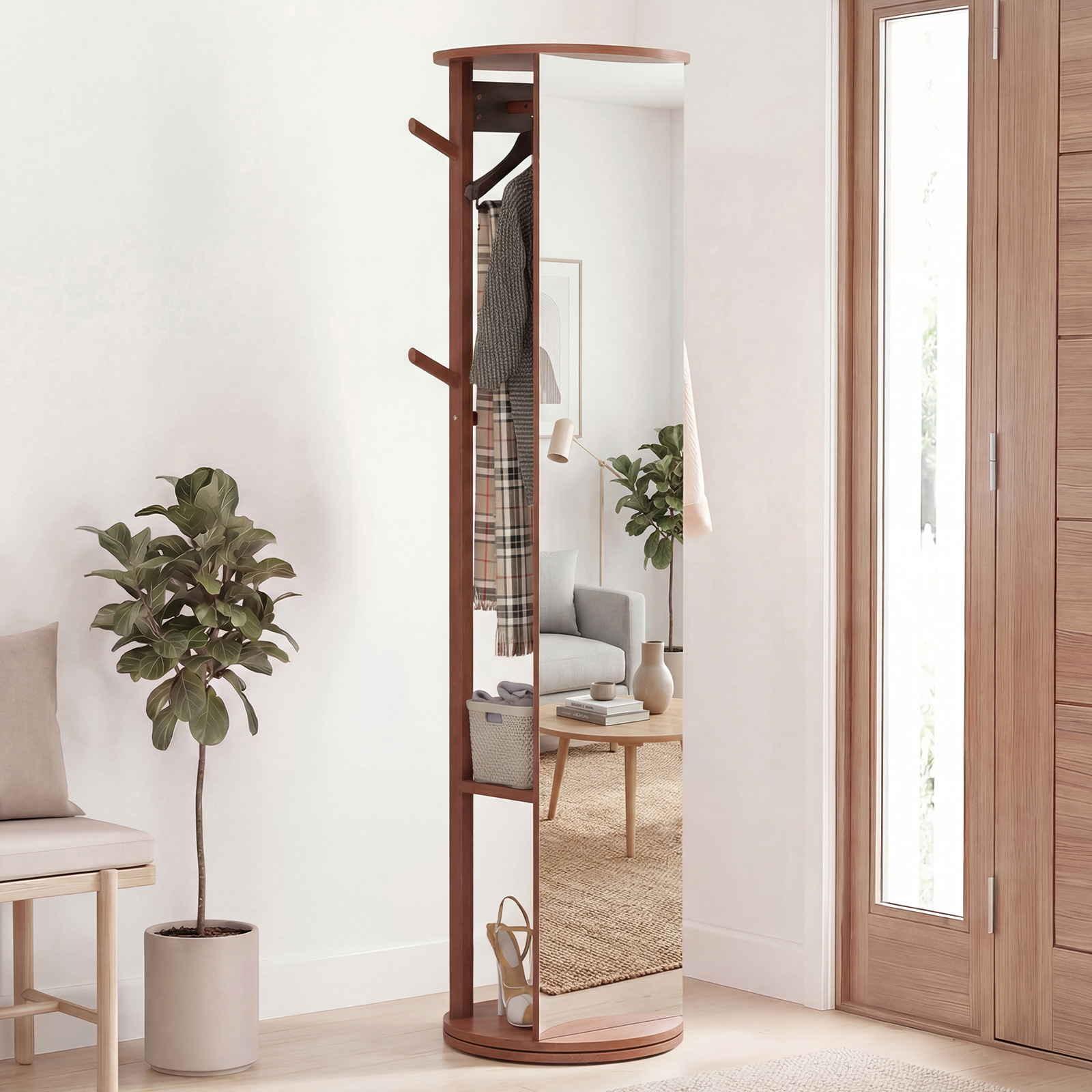 Full Length Mirror Coat Rack, Solid Wood Standing Mirror W/clothes Hangers, Storage Shelves & Hooks, Swivel Floor Mirror For Bedroom, Living Room, , Walnut