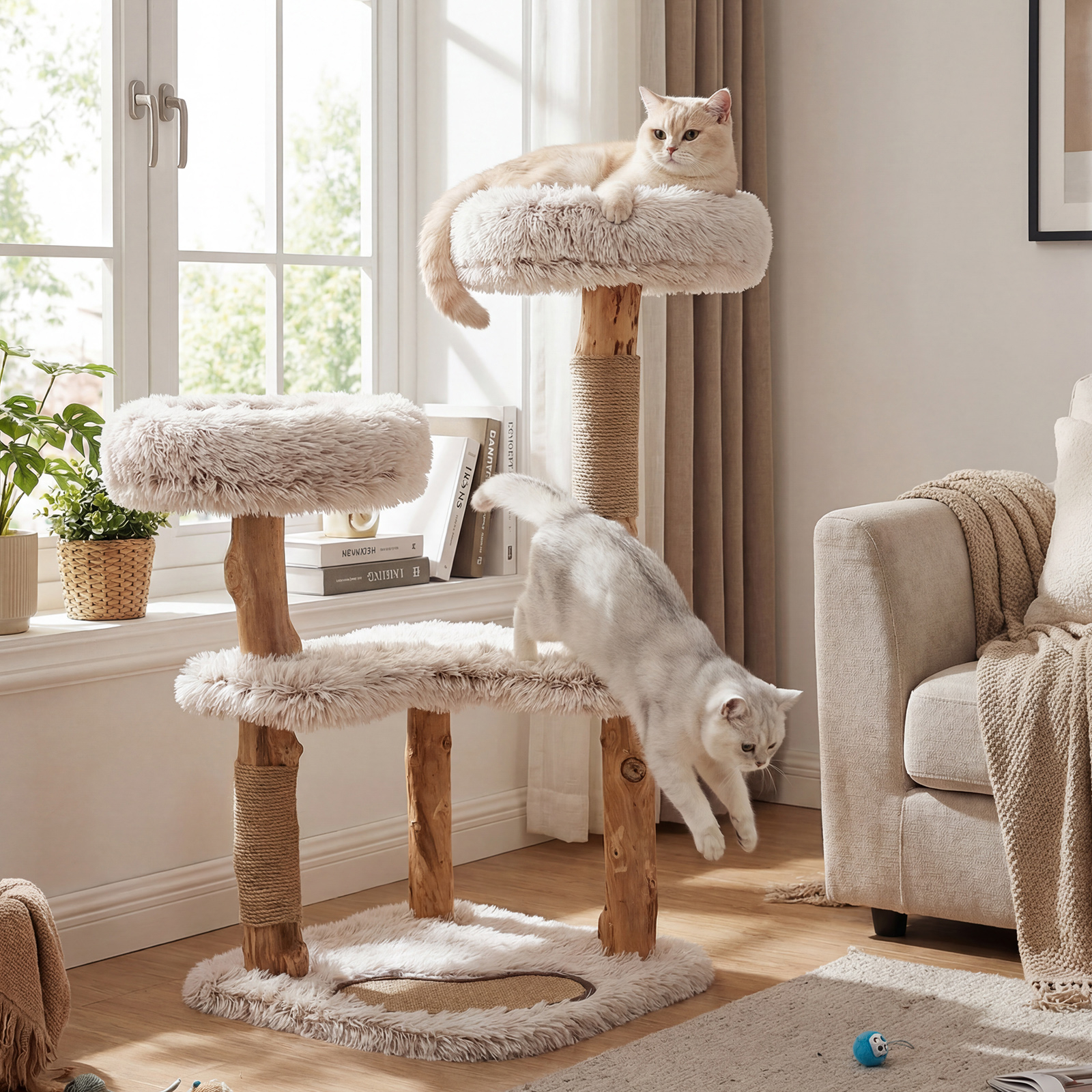 Image of Modern Cat Tree Tower 101 Cm With Luxury Natural Branch, 2 Padded Perches, Scratching Posts & Mat, Detachable Plush Cushions, Boho Aesthetic Cat Furniture For Large Indoor Cats Kittens