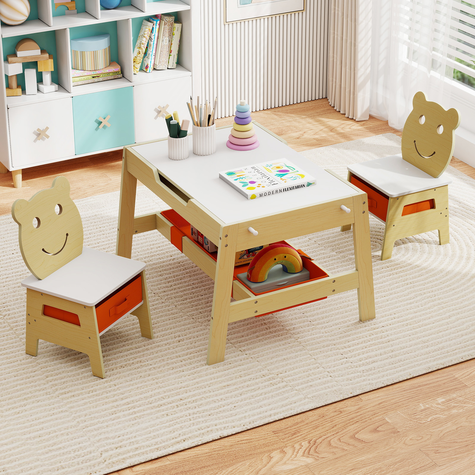 Image of Toddler Table & 2 Chairs, Cute Art Desk Set W/ Reversible Chalkboard/whiteboard Top, 4 Hooks, Storage Compartment & Bins For 3 Kids, Activity Table For Painting, Reading, Crafting