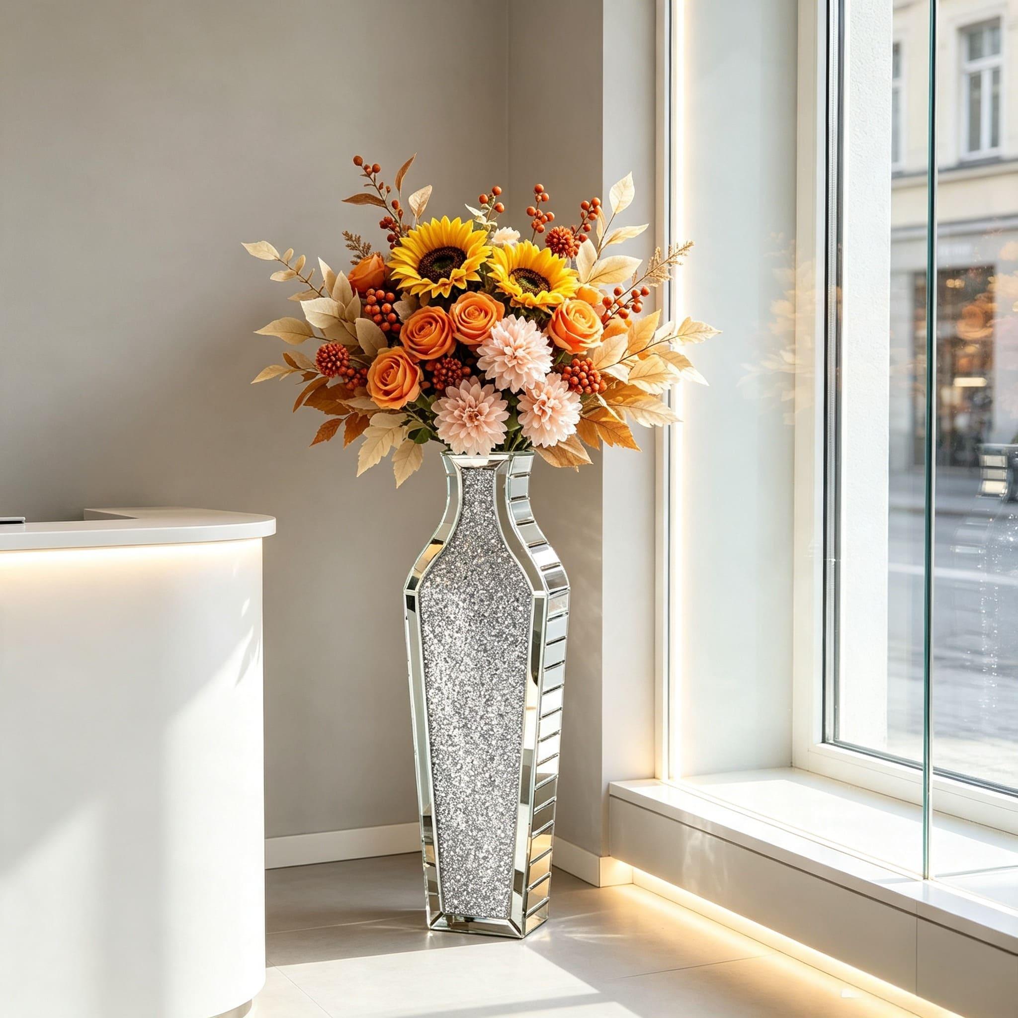 68cm Tall Crushed Diamond Mirror Floor Vase, Silver Mirrored Decor Vase, Dried Flowers & Artificial Branches, Not For Holding Water, Decor For Entryway Living Room Bedroom Wedding