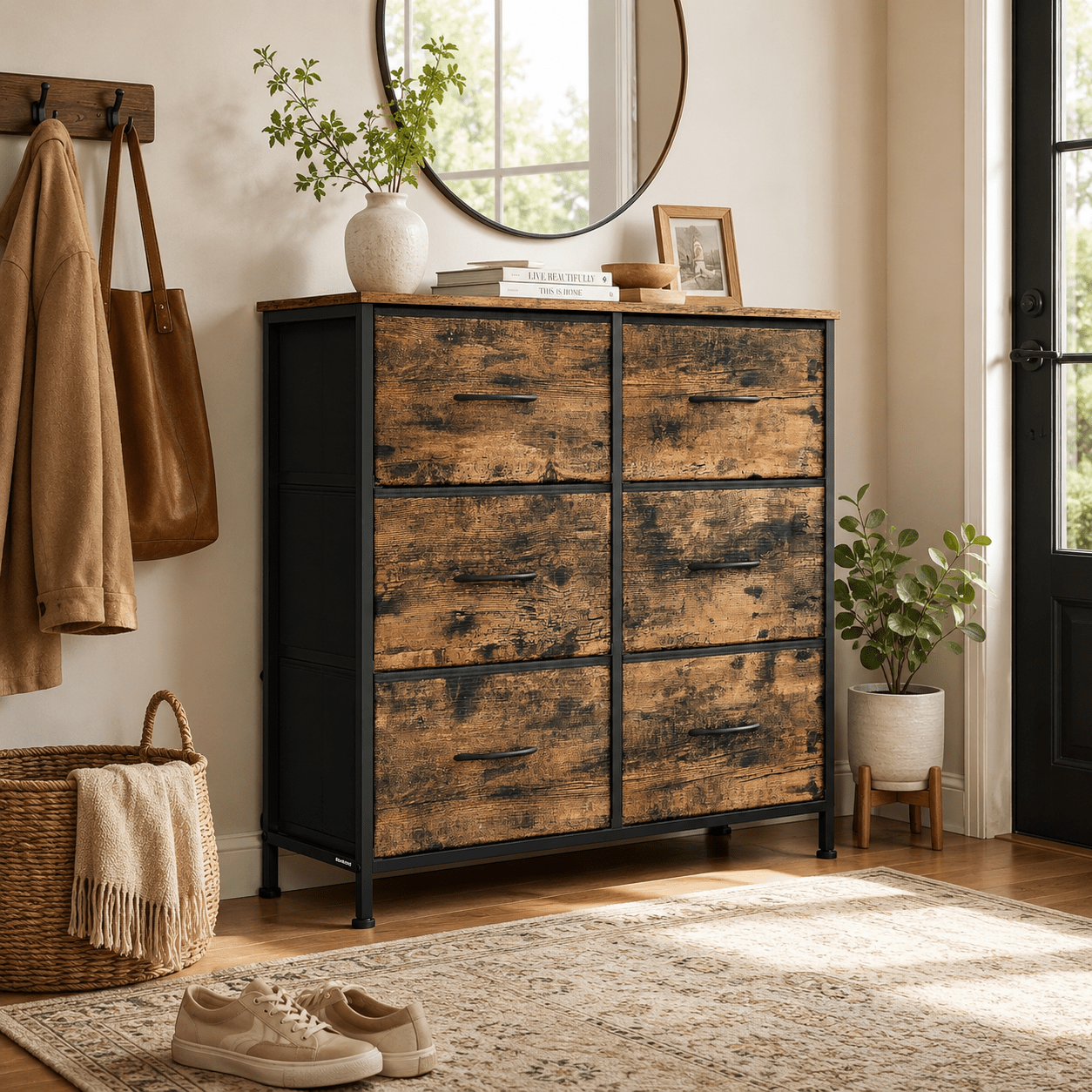 Image of Chest Of Drawers Cupboard Storage Cabinet For Bedroom Hallway Living Room Steel 6 Drawers Industrial Style Ink Black