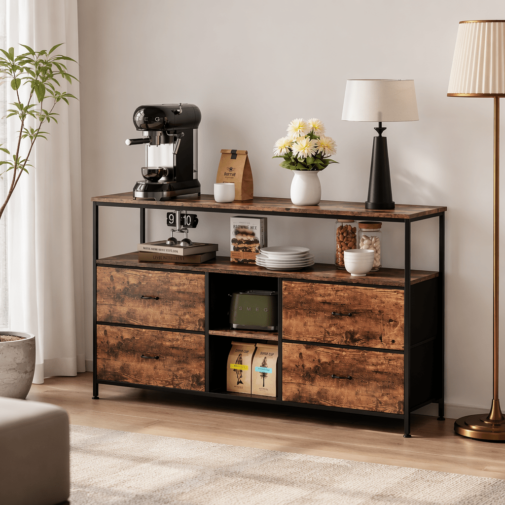 Image of Sideboard With 4 Sliding Doors And Inserts, Multifunctional Furniture For Kitchen, Living And Bedroom, 108 X 29.8 X 76.8 Cm