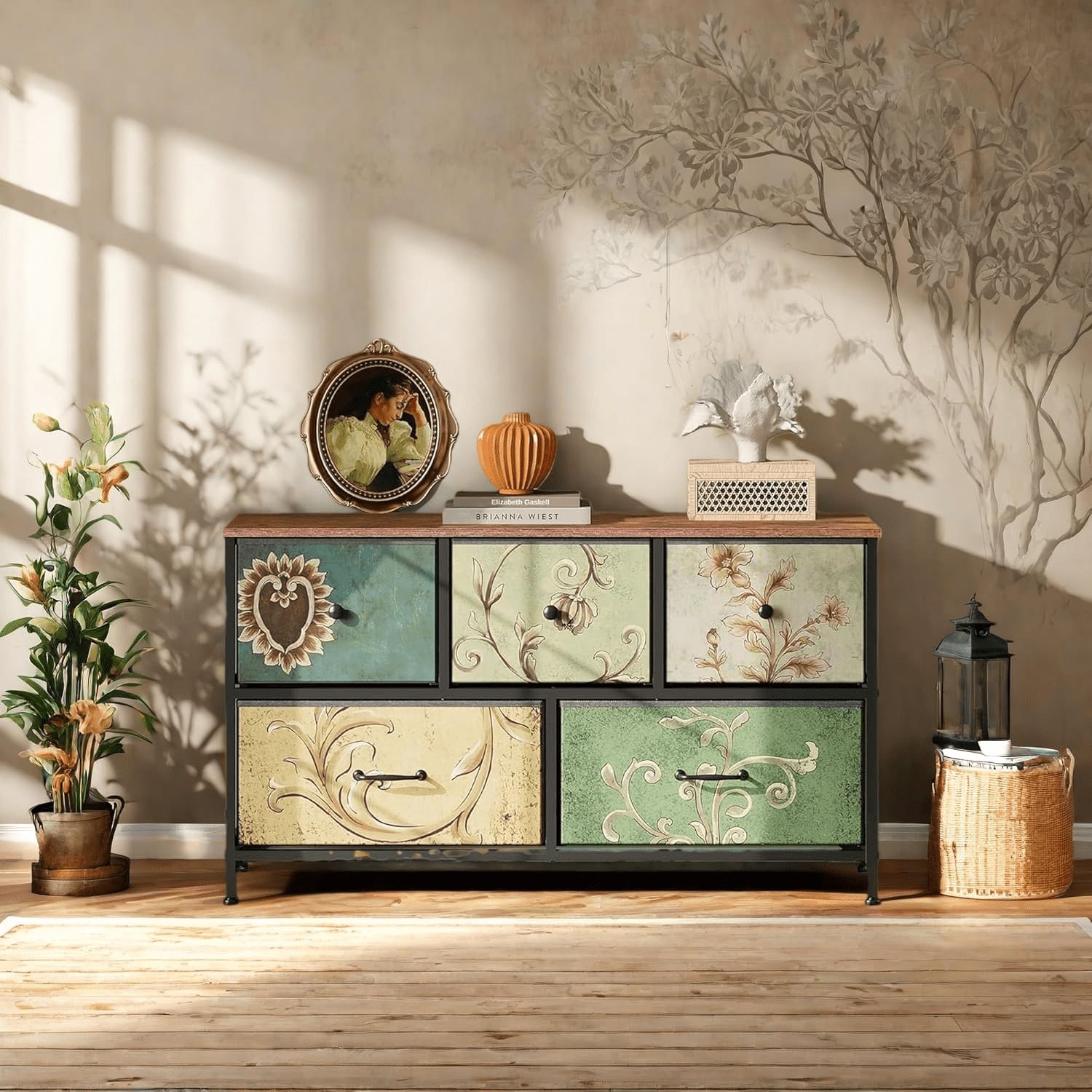 Image of Chest Of Drawers With 5 Drawers, Fabric Chest Of Drawers With Sturdy Metal Frame, Wooden Top, Cabinet For Bedroom, Living Room, Hallway, Vintage Print