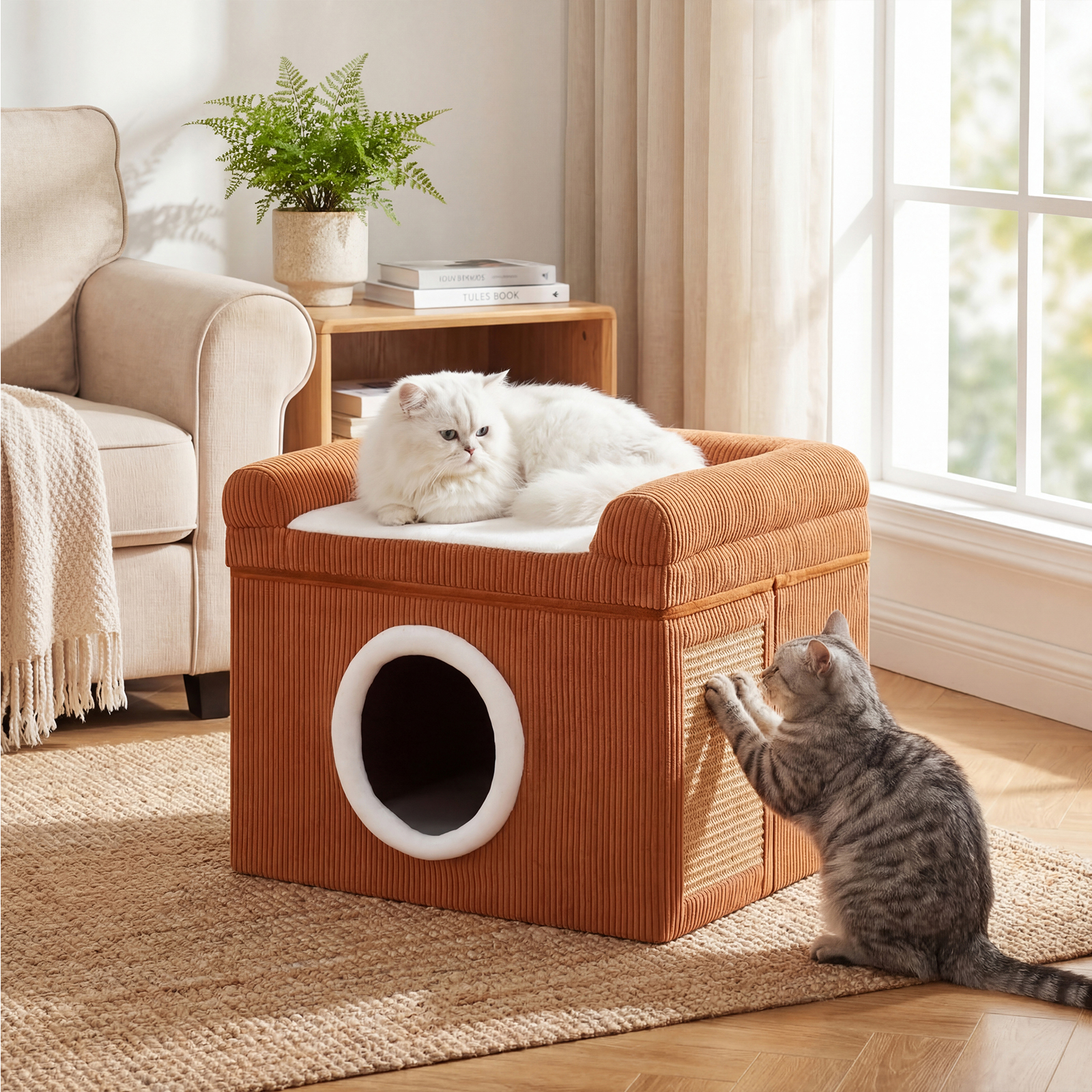 Image of Cat Beds For Indoor Cats, Large Cat Cave With Cozy Condo, Sisal Scratching Mat, Soft Cushion, Anti-slip Bottom, Foldable Pet House Kitten Hideaway Cube, To 15 Kg, 49 X 41 X 39 Cm, Brown