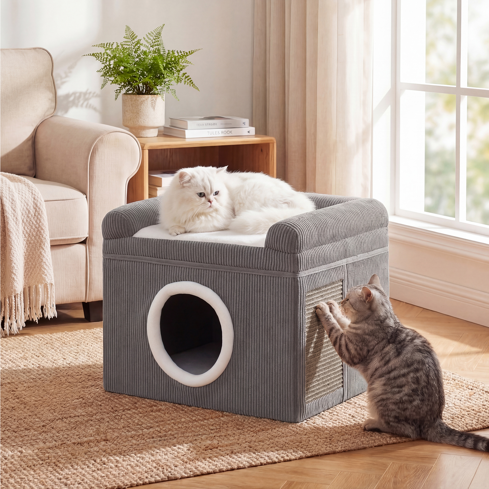 Image of Cat Beds For Indoor Cats, Large Cat Cave With Cozy Condo, Sisal Scratching Mat, Soft Cushion, Anti-slip Bottom, Foldable Pet House Kitten Hideaway Cube, To 15 Kg, 49 X 41 X 39 Cm, Gray