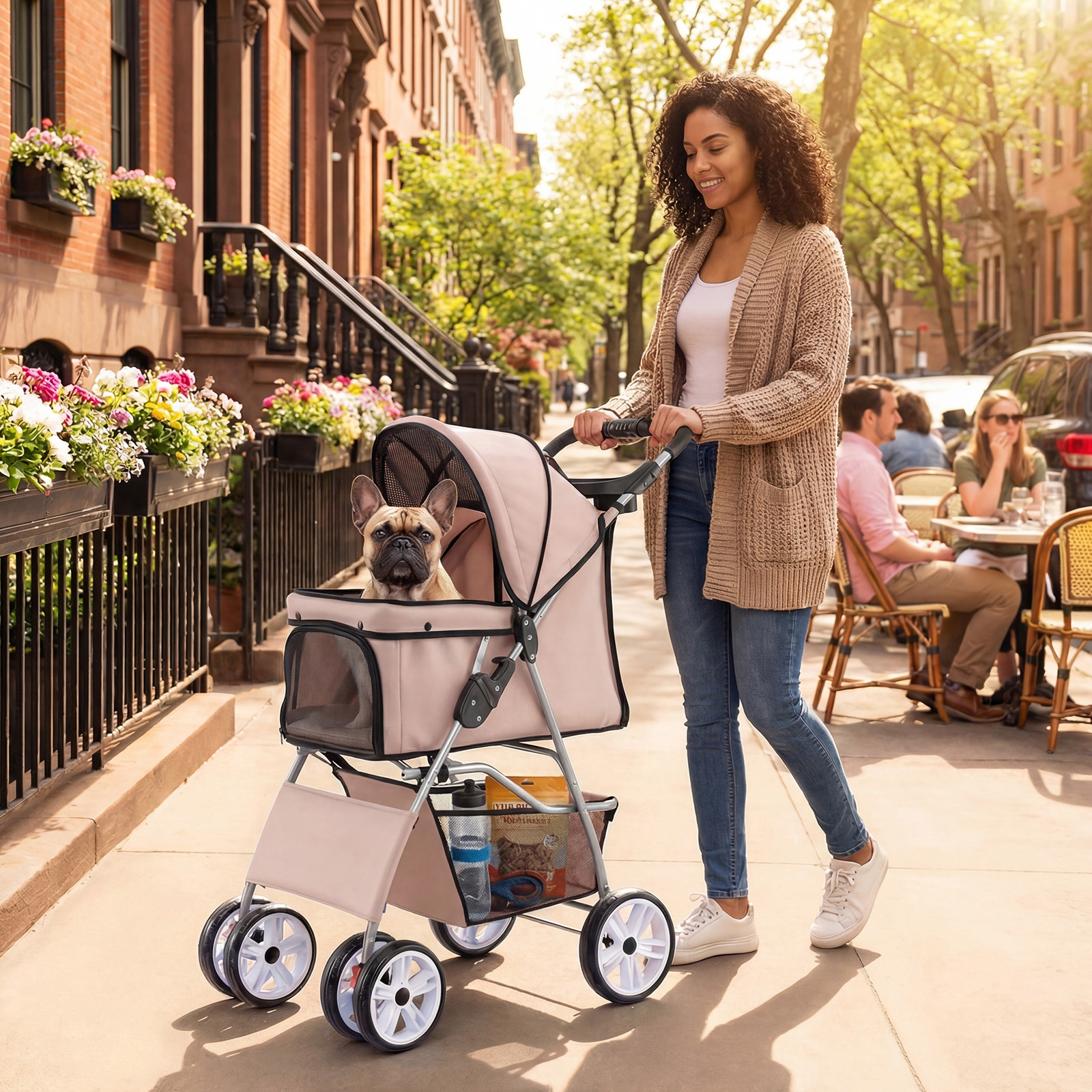 Image of Foldable Dog Buggy, Dog Pram Up To 15 Kg, Cat Pram With Drink Holder Storage Basket, Lightweight Cat Buggy With Wheels Adjustable Sun Canopy