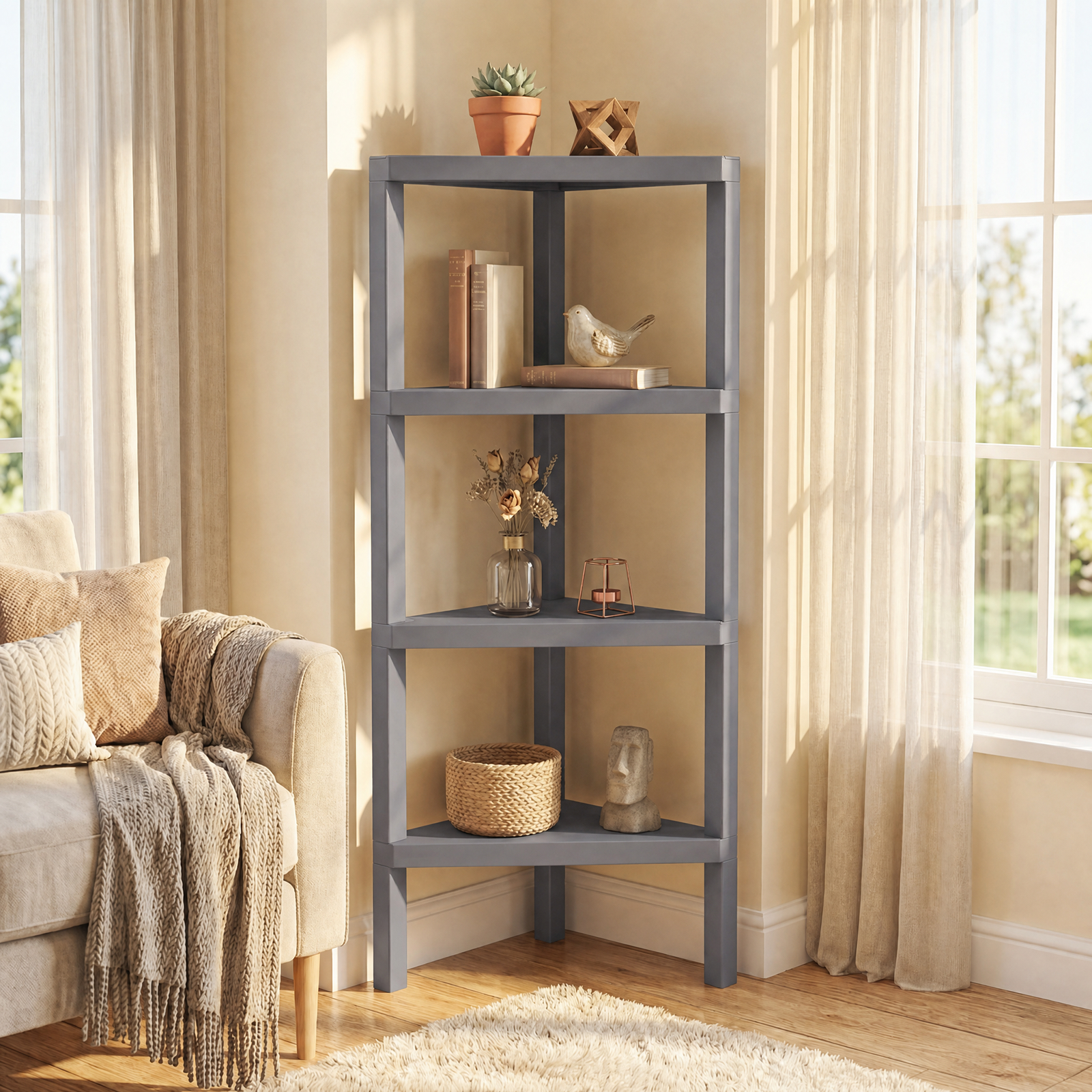 Image of Corner Shelf Stand, 4-tier Corner Bookshelf With Open Slatted Shelves, Freestanding Plant Stand, Shelf Storage Organizer For Home Office, Living Room, Kitchen & Bathroom