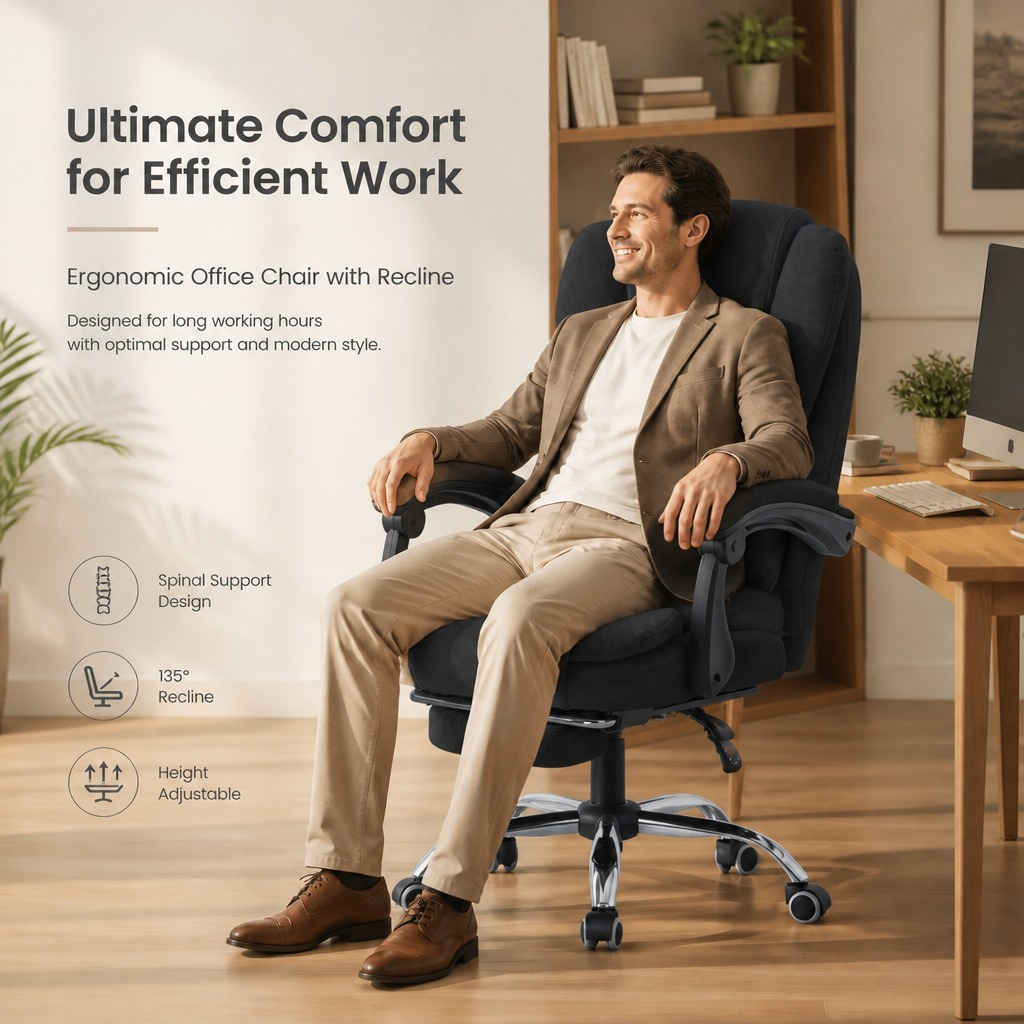 Ergonomic Reclining High Chair With Retractable Footrest, Adjustable Swivel Linen Computer Desk Chair For Home Office
