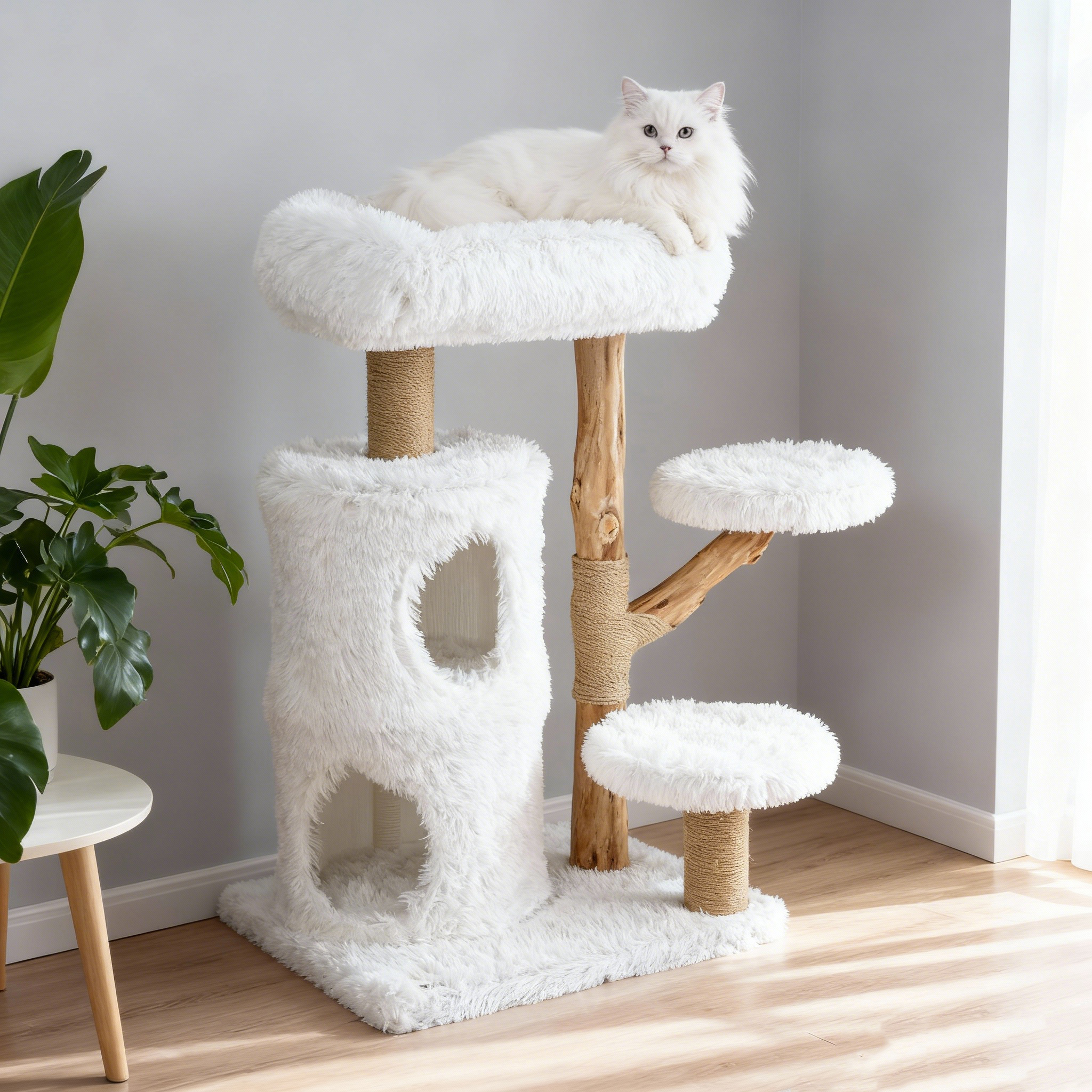 Image of Wooden Cat Tree 93 Cm, Cat Tree With 2-level Hideout, 3 Platforms, Natural Logs, Solid Wood Support & Soft Cushions, Activity Center For Multiple Kittens, White + Natural