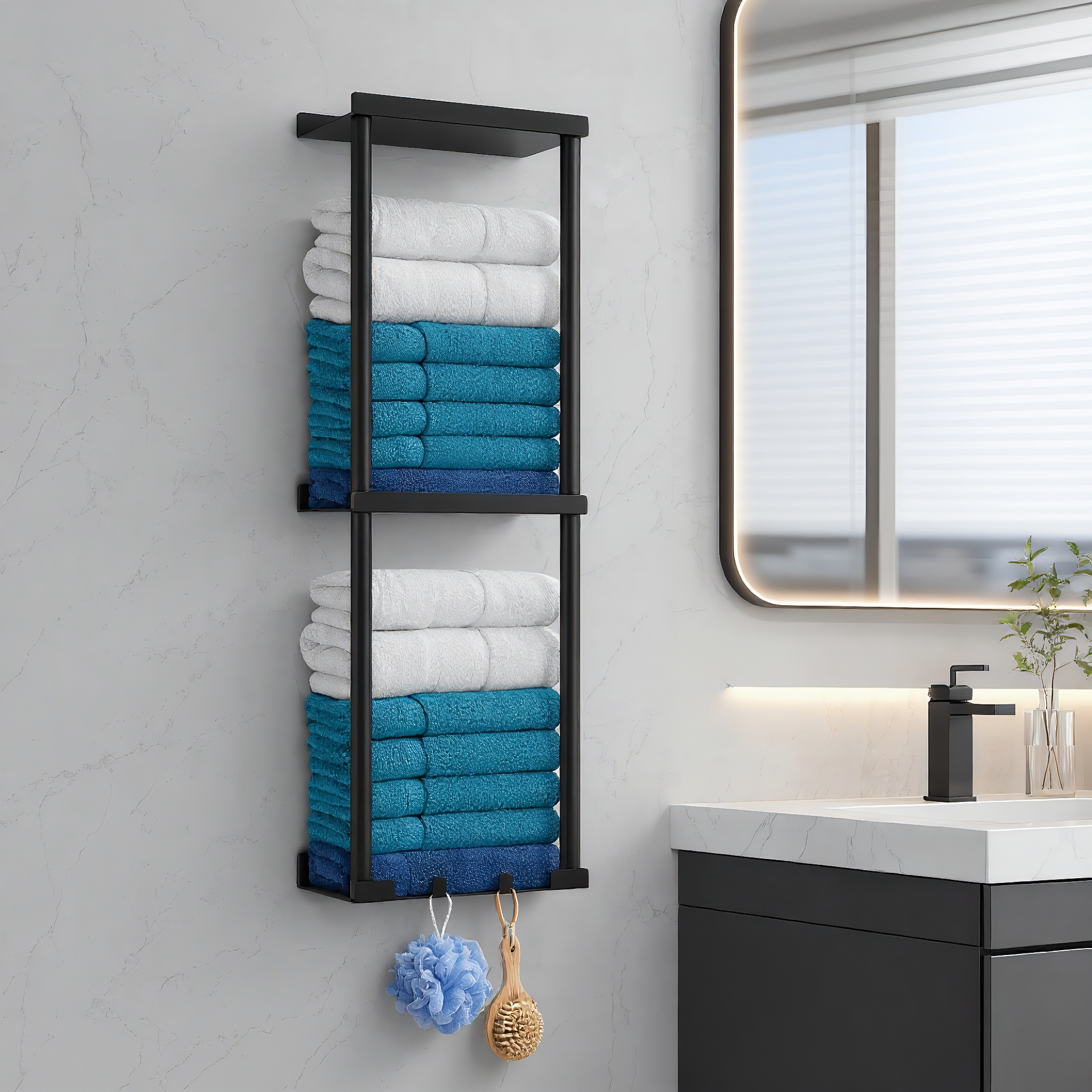 No Drill Self-adhesive Towel Rail With Storage Shelf & 3 Hooks, Metal Wall Mounted Towel Rack, Bathroom Towel Holder