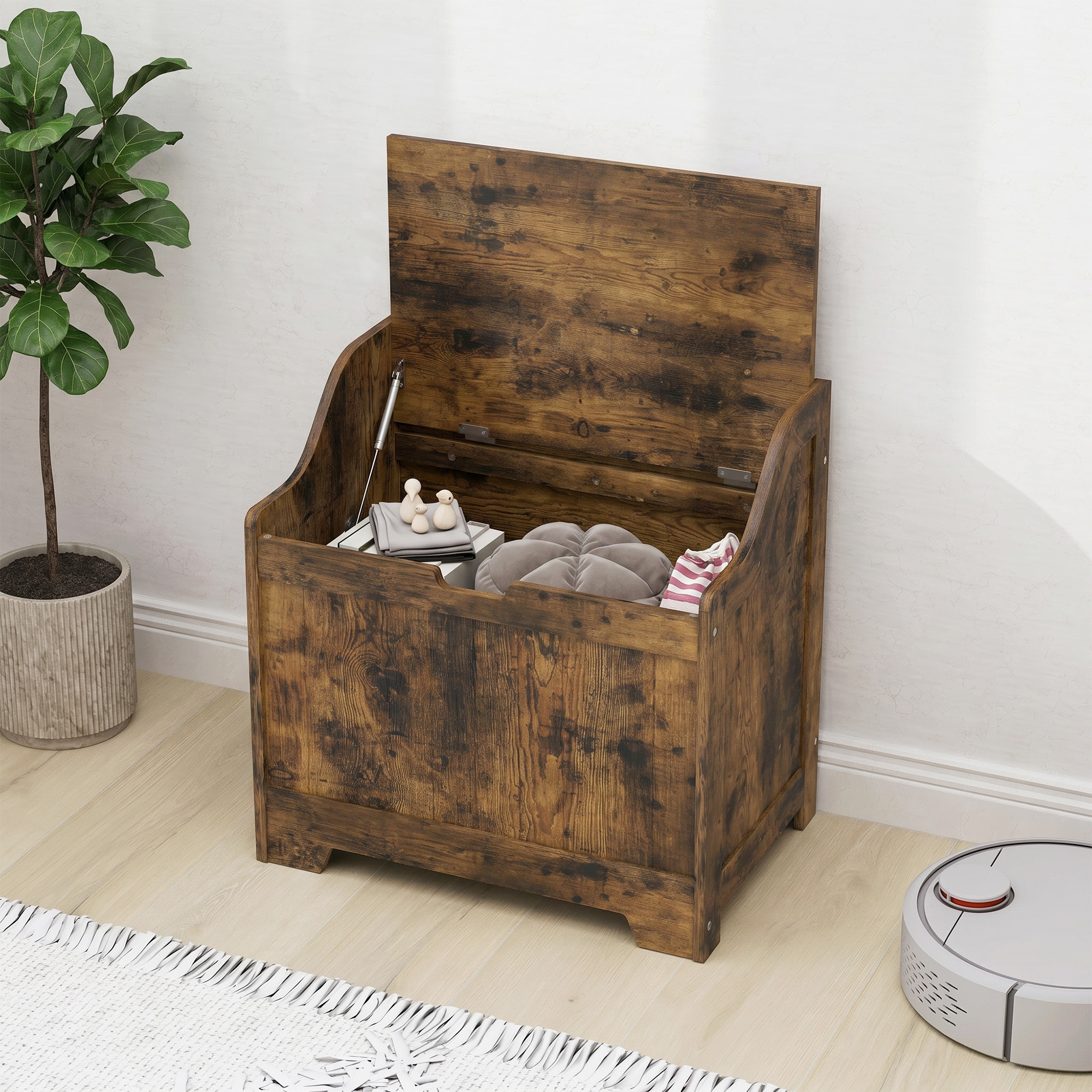 Image of Chest, Storage Box With Lid, Storage Chest With Cushions, Toy Chest, Equipment Chest, For Living Room, Bedroom, Rustic Brown, 56.5 X 38 X 56 Cm