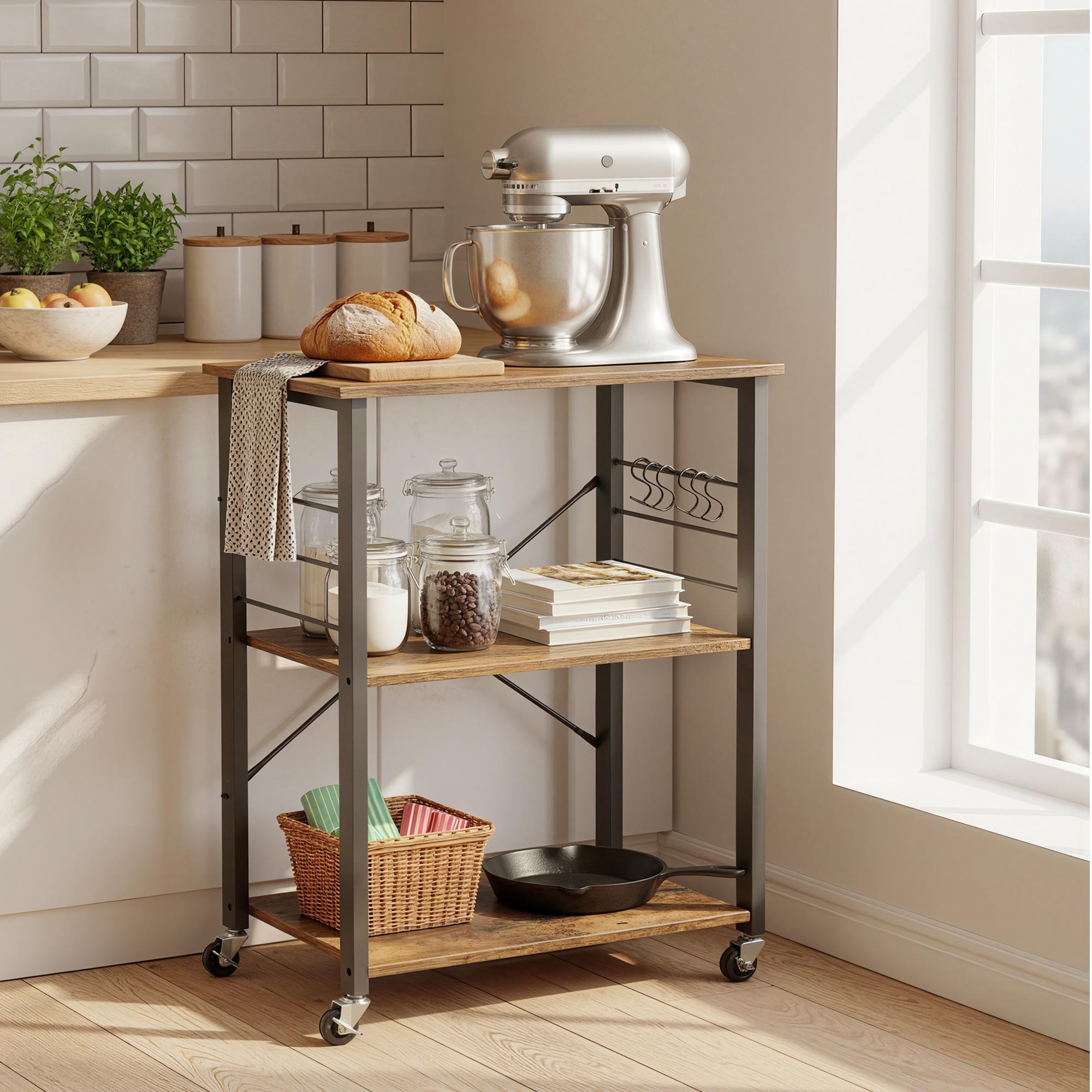 TEMU Carrito Auxiliar de Cocina con Ruedas, Mueble Microondas de 3 Niveles con 6 Ganchos, 40 x 60 x 89 cm, Marrón y Negro