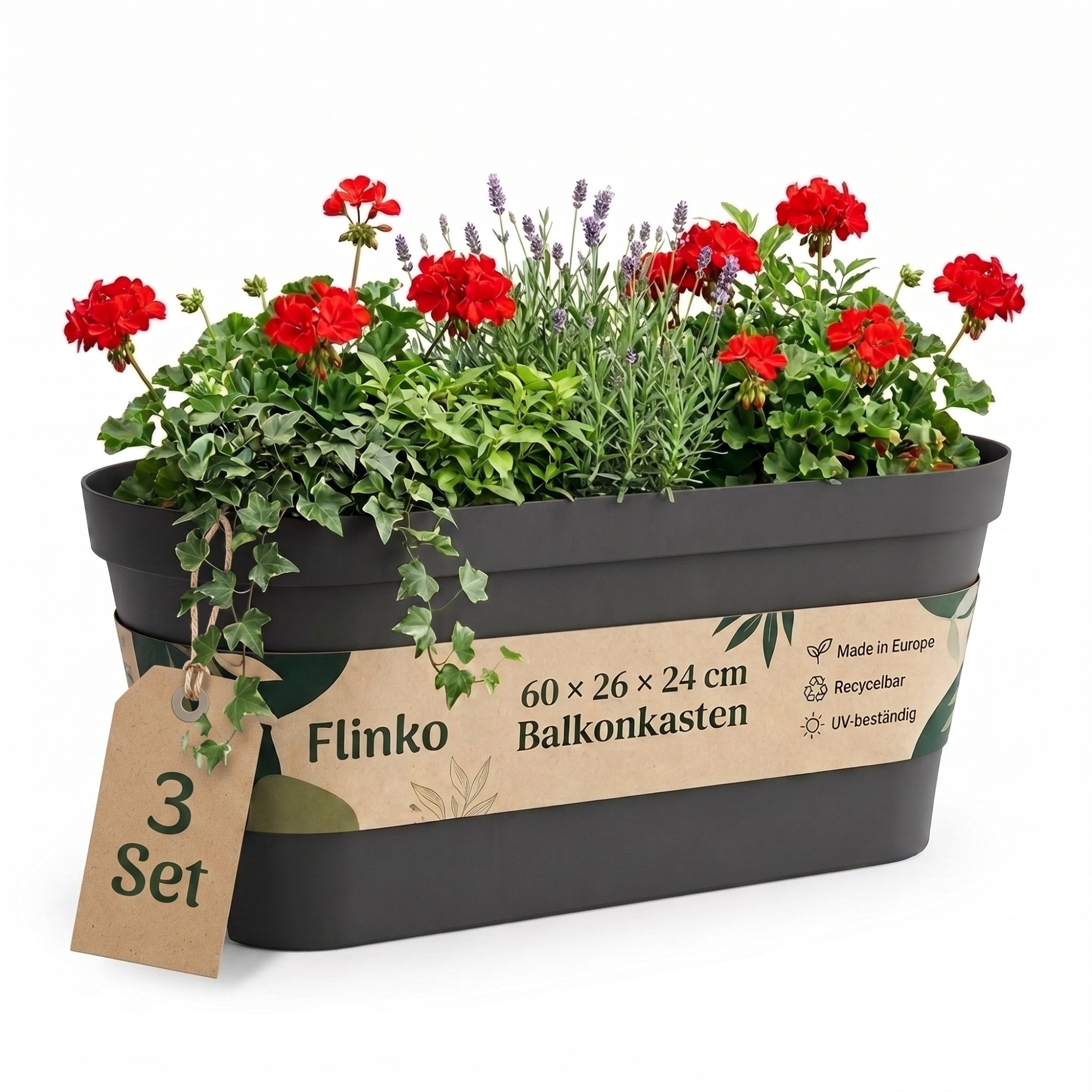 Image of 3x Flower Box Balcony Railing 60cm | Including Mounting, Flower Pot For Hanging, Water Drainage Against Waterlogging, Balcony Pot, Railing Pot