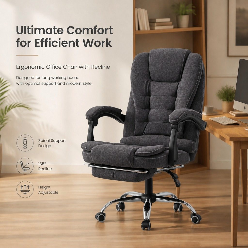 Ergonomic Reclining High Chair With Retractable Footrest, Adjustable Swivel Linen Computer Desk Chair For Home Office
