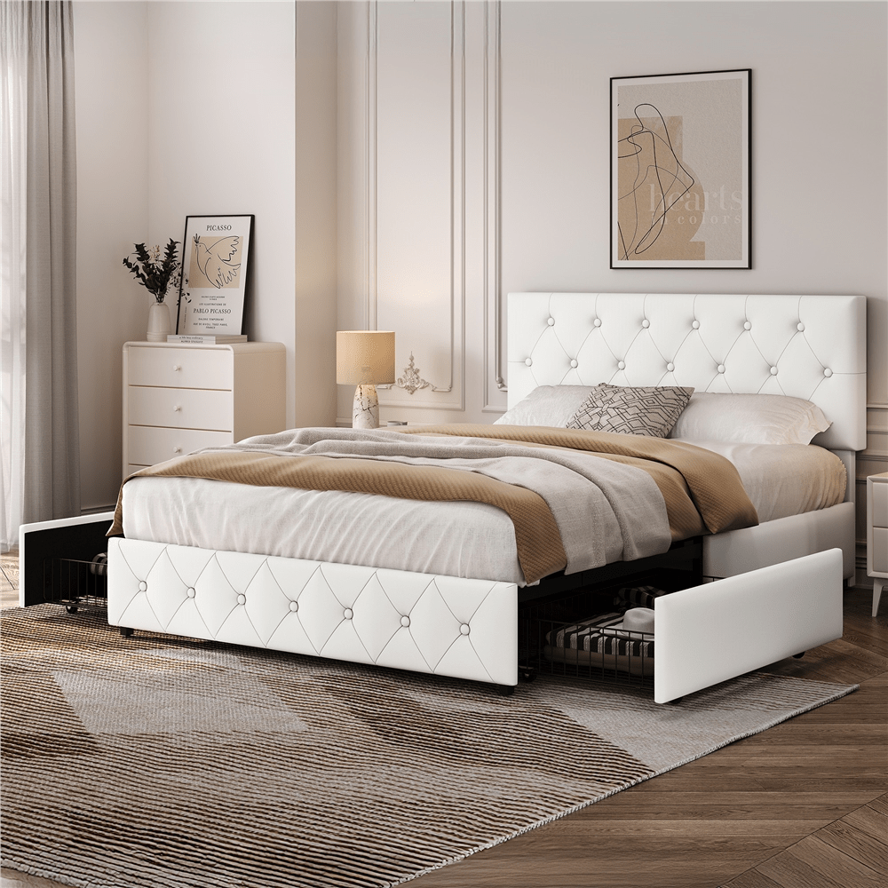 Image of Costoffs Upholstered Bed Made Of Artificial Leather, Bed Frame With 2 Drawers, Upholstered Bed With Slatted Frame, Height-adjustable Headboard, Spring Required, Artificial Leather Bed