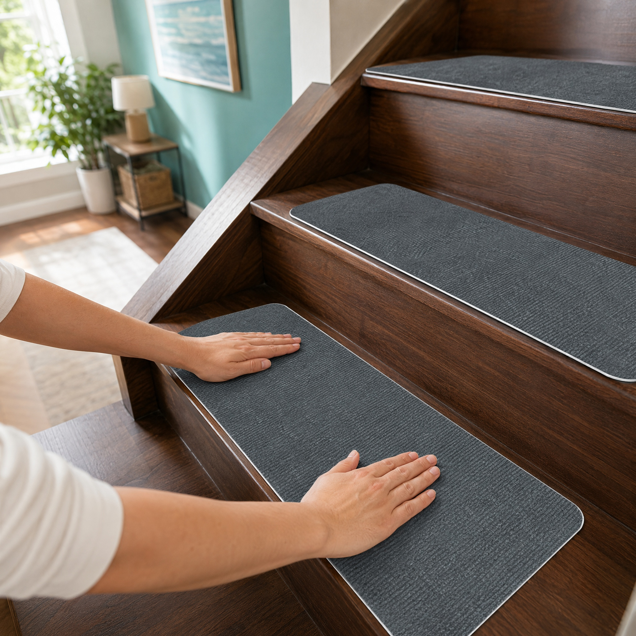 Image of 10pcs Anti-slip Stair Treads, 22*70cm, Anti-slip Carpet, Edge Stair Protector, Pet Friendly Carpet, With Reusable Peel-and-stick Adhesive, Suitable For Indoor Wooden And Tile Steps