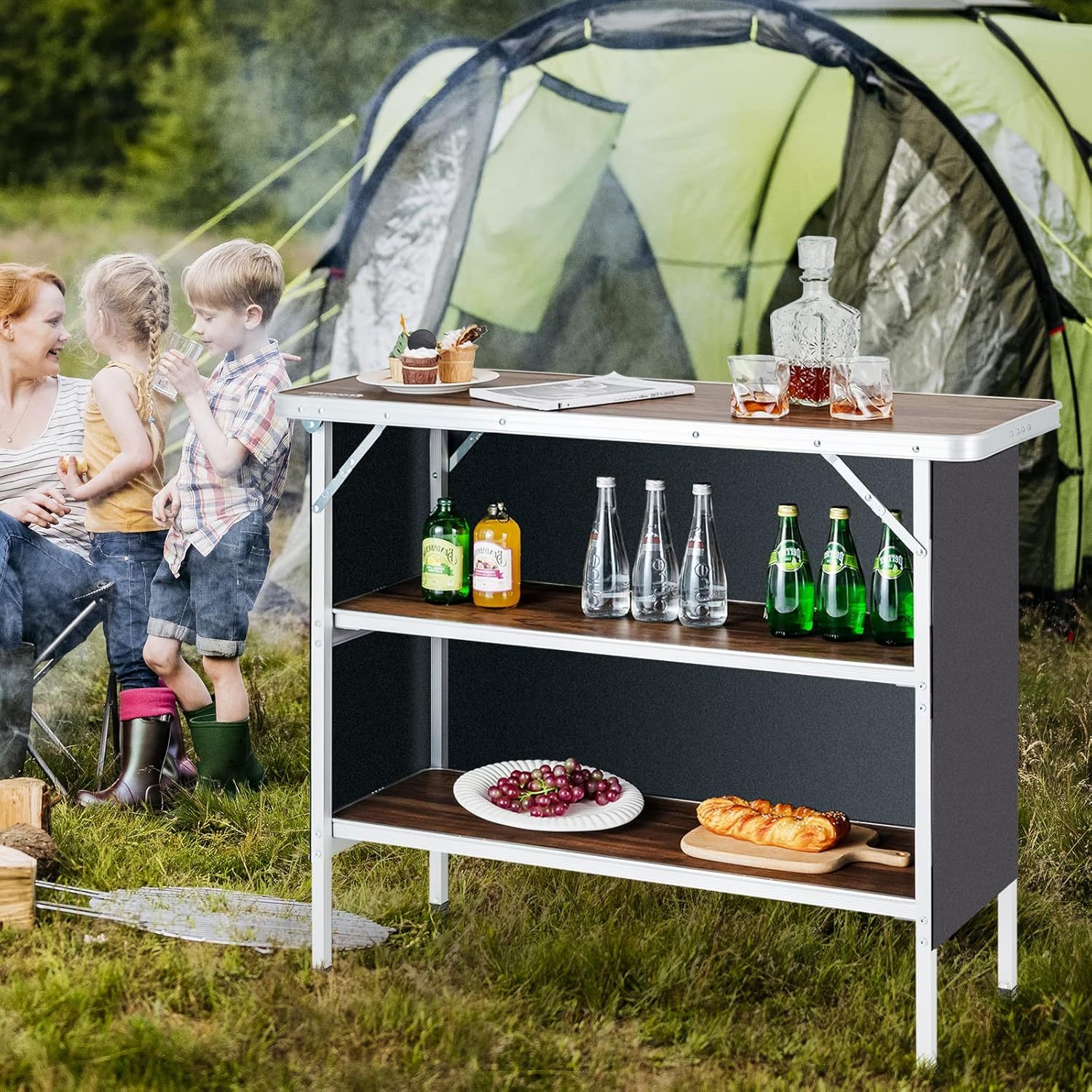 Folding Camping Table, Portable Aluminum Picnic Table With 2-tier Shelves, Large Tabletop, Carry Bag
