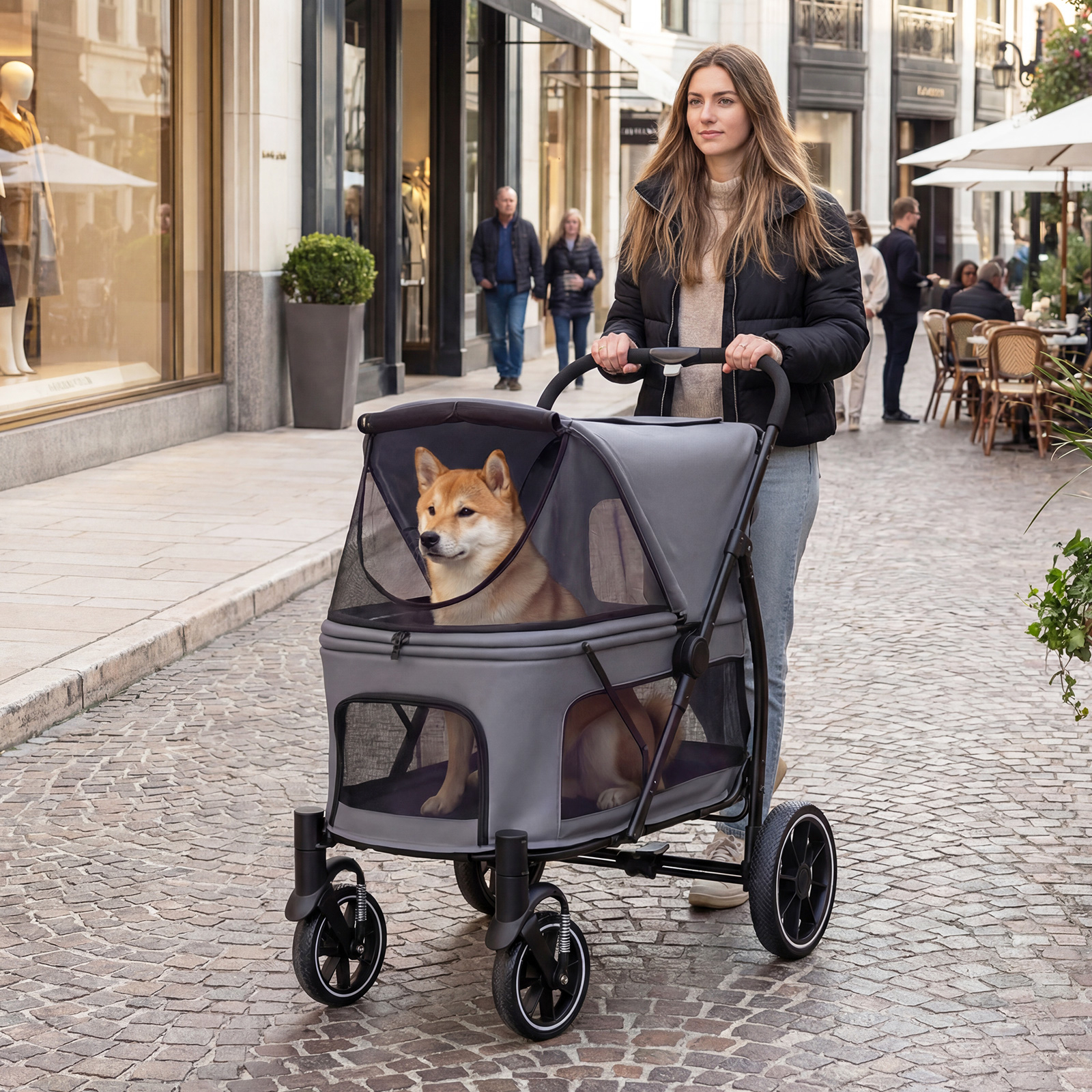 Image of Large Dog Stroller, -hand Folding Pet Stroller W/ Wheels, Low Entry, Adjustable Mesh Canopy, Storage Pockets & Safety Belt, 4-wheels Pet Travel Cart For Large Dogs Cats Up To 40 Kg
