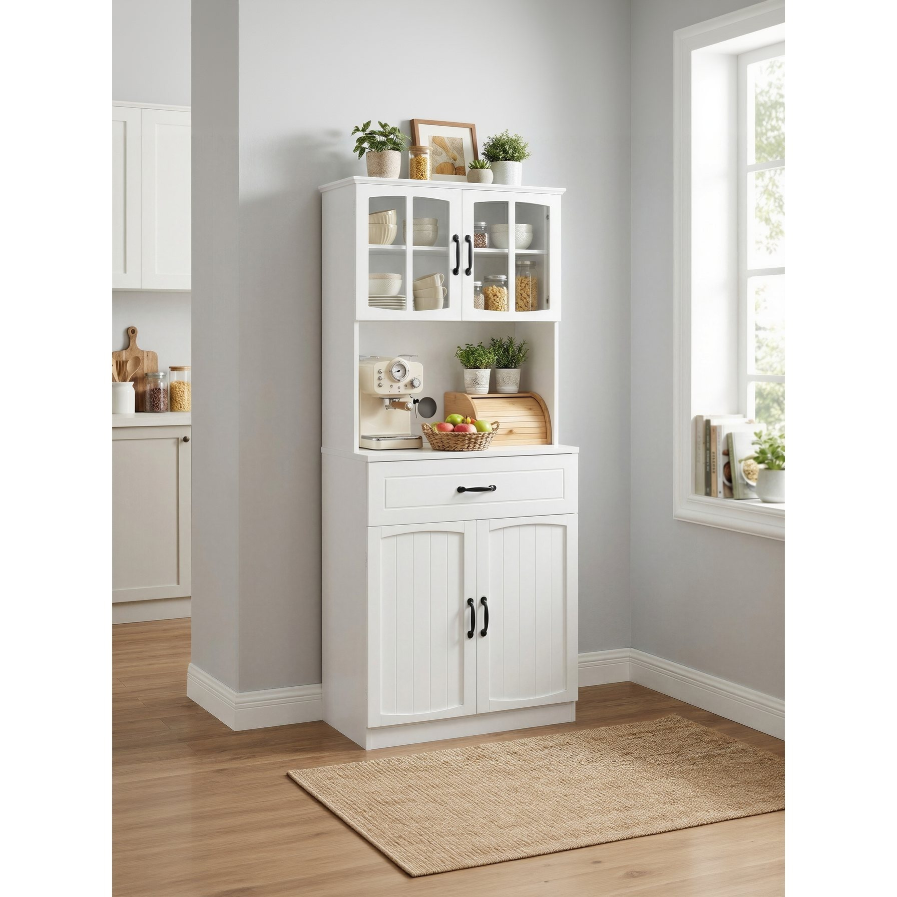 TEMU Alacena de Cocina con Puertas de Cristal, Mueble para Microondas con Cajón, 73 x 41,5 x 179,8 cm