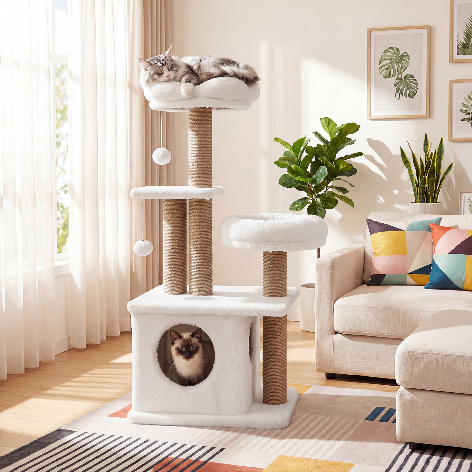 96 Cm Cat Tree With Flower-shaped Platform, Cave, And Bed; Features 3 Scratching Posts And 2 Plush Balls; Multi-level Cat Tower For Large And Small Cats