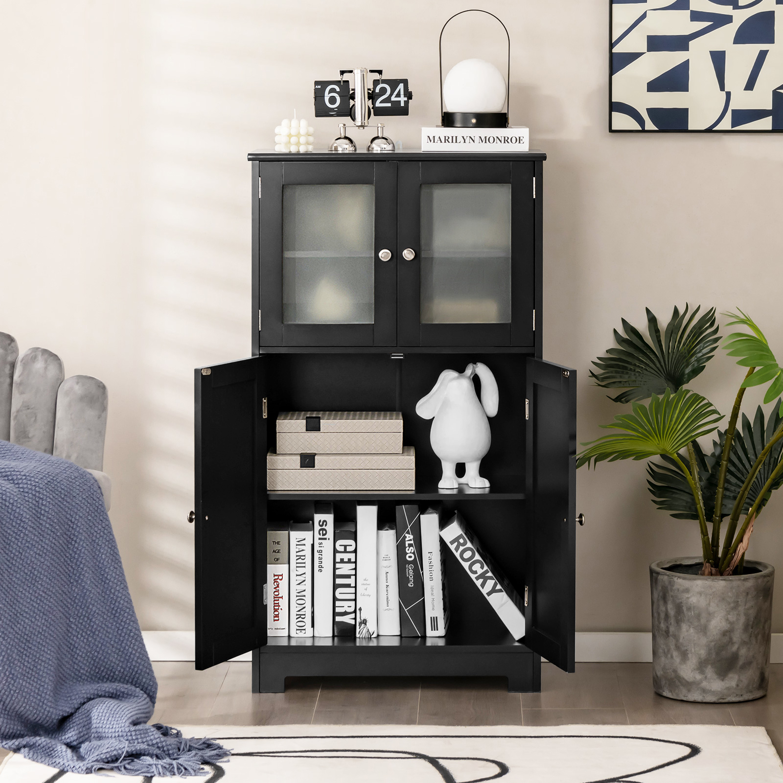 Image of Freestanding Tall Storage Cabinet, 109cm Bathroom Cabinet With 2 Tempered Glass Doors & Adjustable Shelves, Storage Cupboard For Bathroom, Kitchen, Living Room