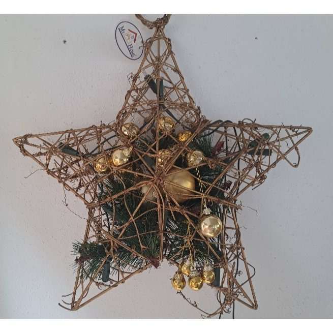 Metal Star For Hanging With Christmas Decoration With Fir Trees And Balls