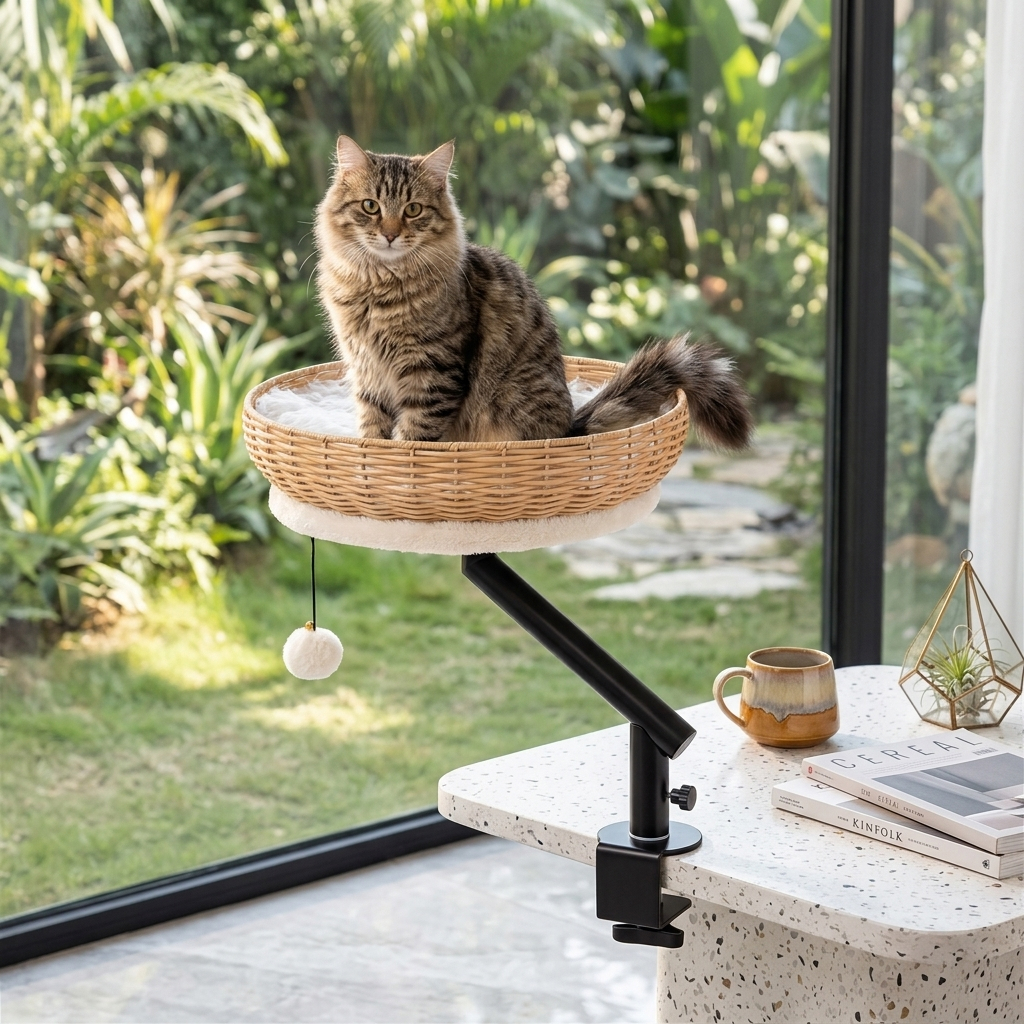 Image of Cat Desk Bed, Rattan 360° Rotating Desk Cat Nest With Adjustable Height, Detachable Plush Cushion, Hanging Ball, No-drill Modern Indoor Cat Hammock Furniture For Office Desks