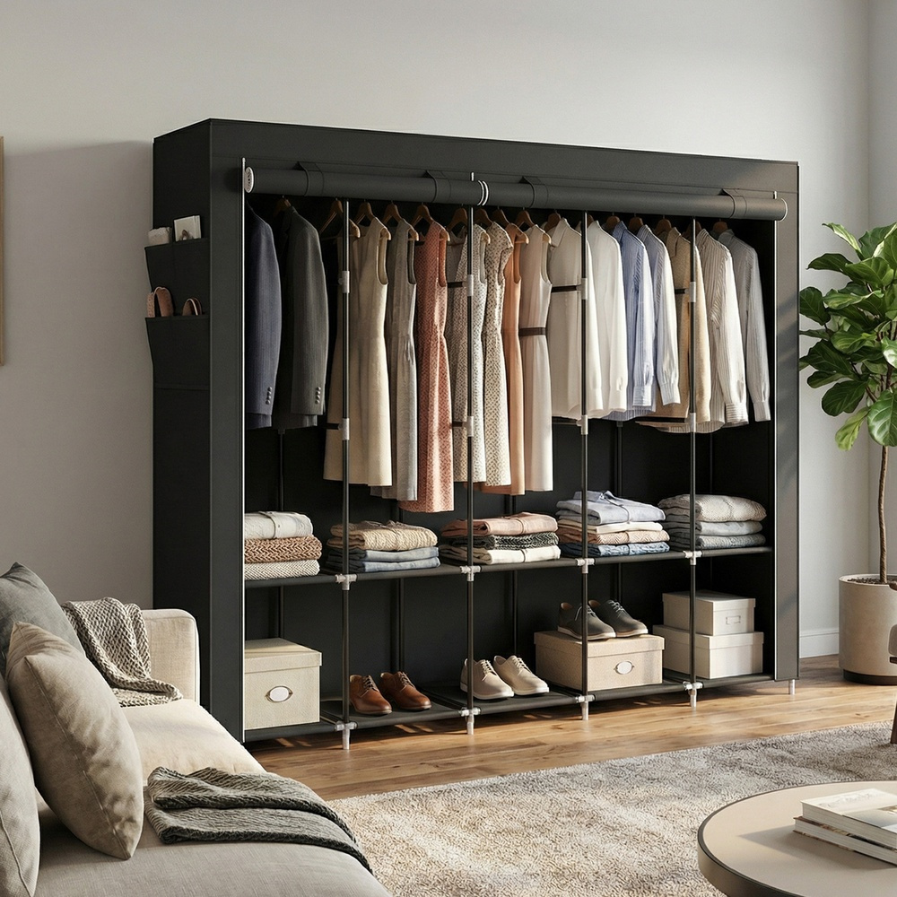 TEMU de Tela Plegable con 5 Barras, Estantes y Bolsillos , Organizador para Dormitorio, Almacenamiento, Negro
