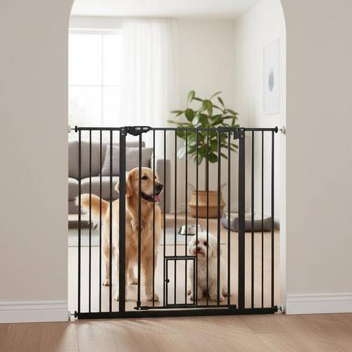 extra tall pet gate indoor dog safety gate with cat flap auto close 74 80cm wide black