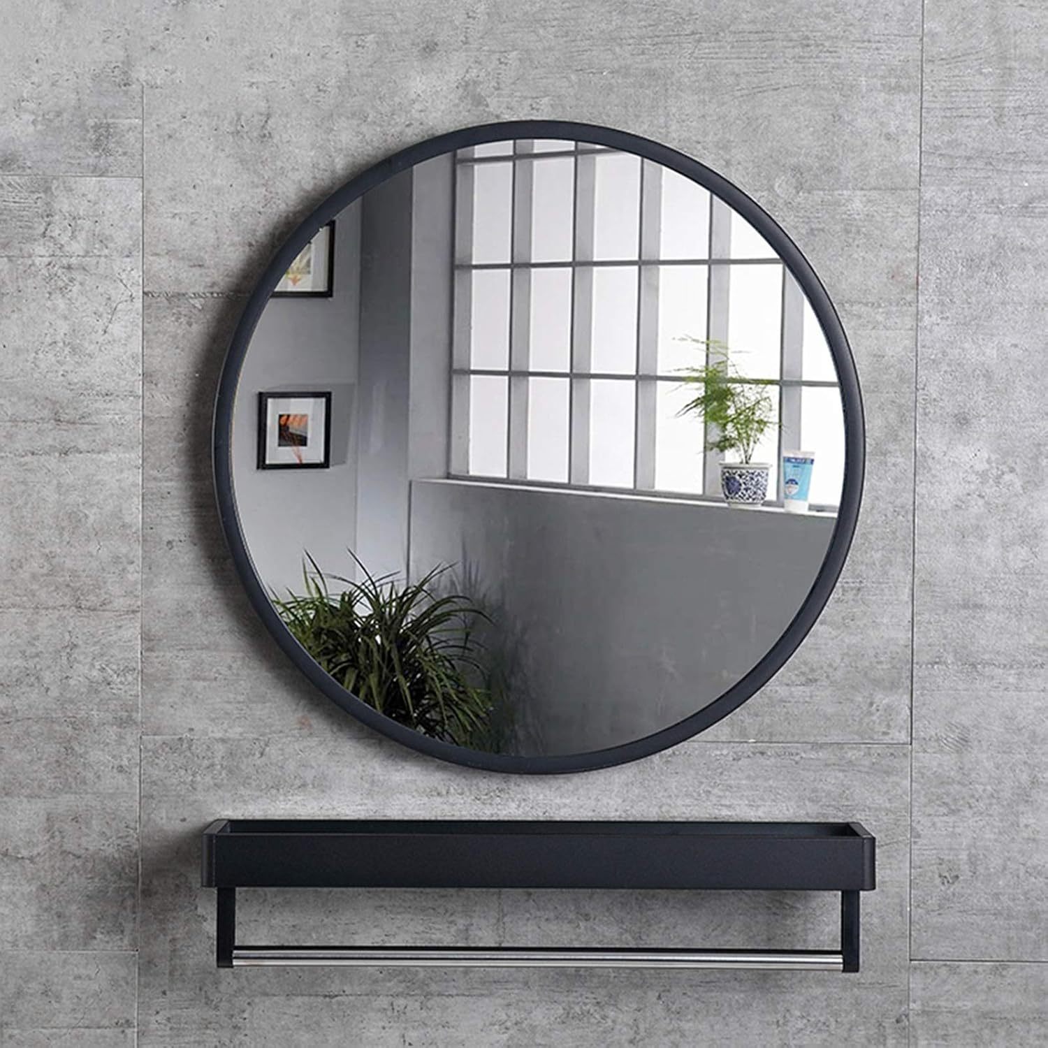 Image of Round Bathroom Mirror With Wall-mounted Shelf Set - Matte Black Metal Frame Mirror & Towel Bar Storage Rack For Modern Bathrooms