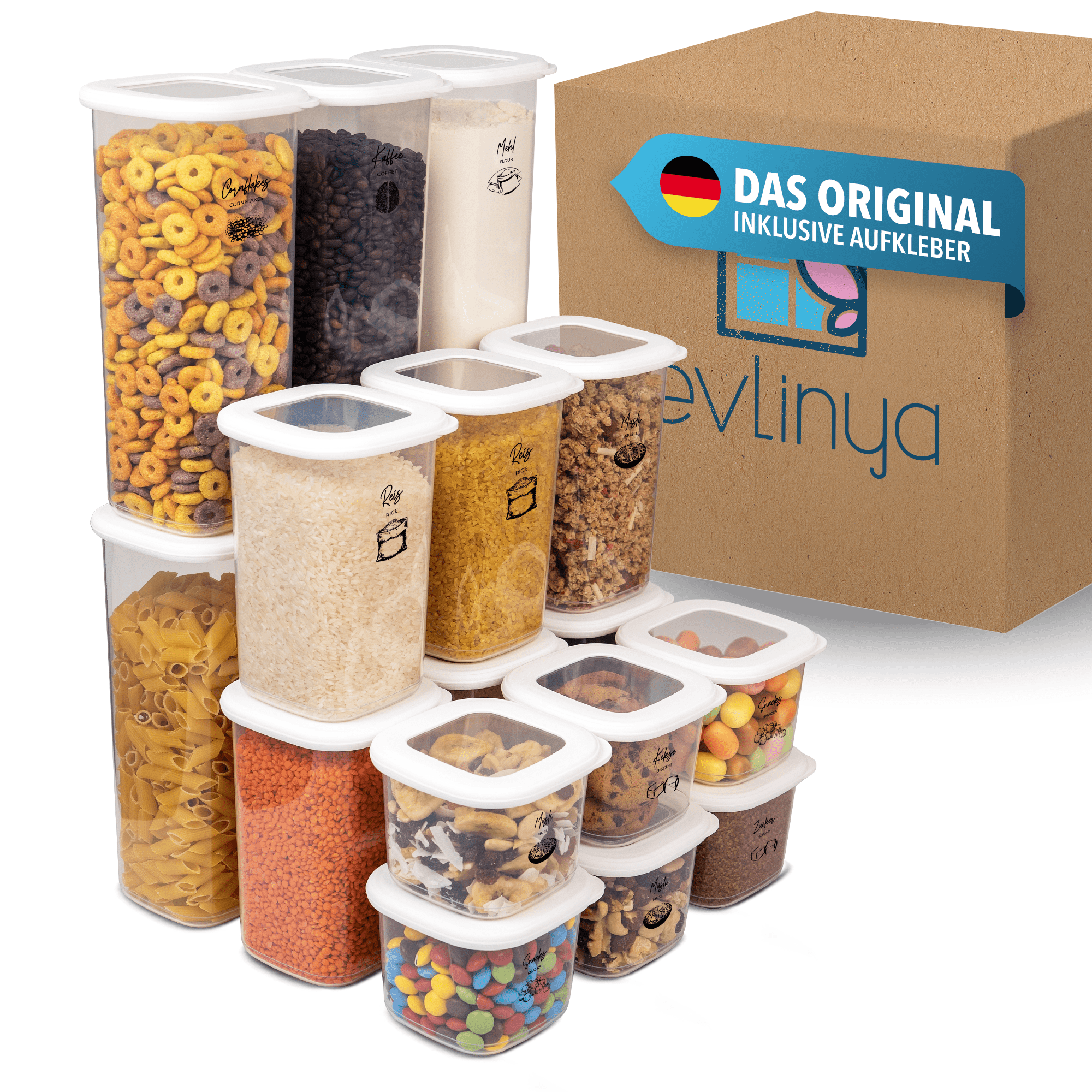 Evlinya Food Containers - Fresh Keeping Cans Set With Lid, Stackable Storage Box Organizer And Refrigerator Organizer, For Storing Food And Kitchen Organizer And Storage - 18pcs Mixed Set White