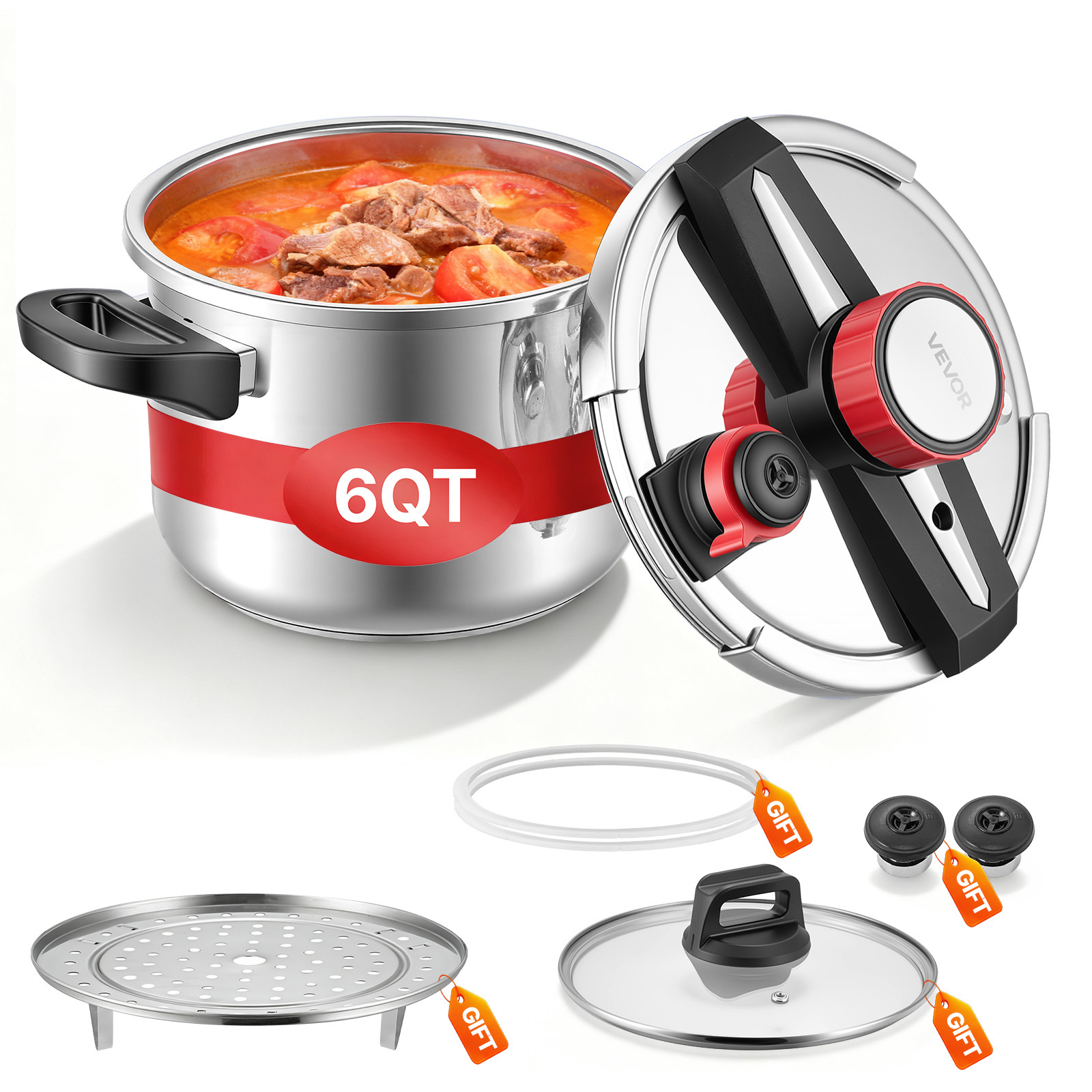 Image of Vevor Pressure Cooker, 6l Pressure Cooker Stainless Steel, Pressures Canner With Steaming Rack, Tempered Glass Lid, 3 Pressures Settings For Meat, Beans, Rice, Soup, Sauces, Cook Up To 100 Kpa