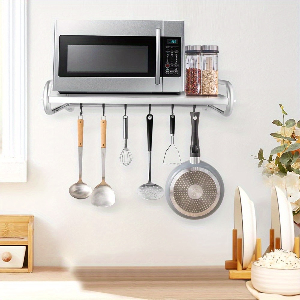 Microwave Shelf For Wall Mounting With Silvery Hooks