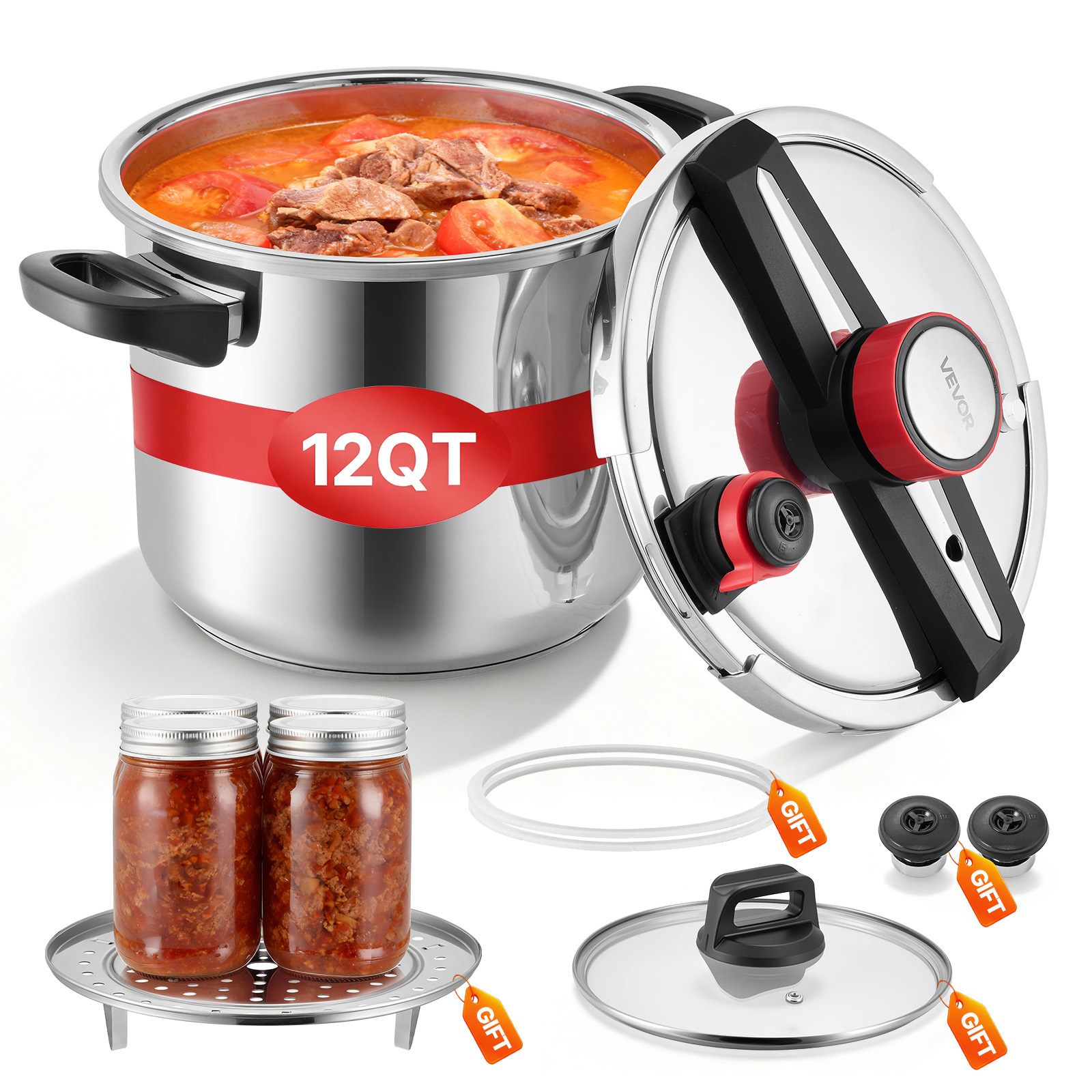 TEMU VEVOR Autocuiseur, 11,3L Autocuiseur en Acier Inoxydable, Autocuiseur avec Grille à Vapeur, Couvercle en Verre Trempé, Réglages de Pression pour