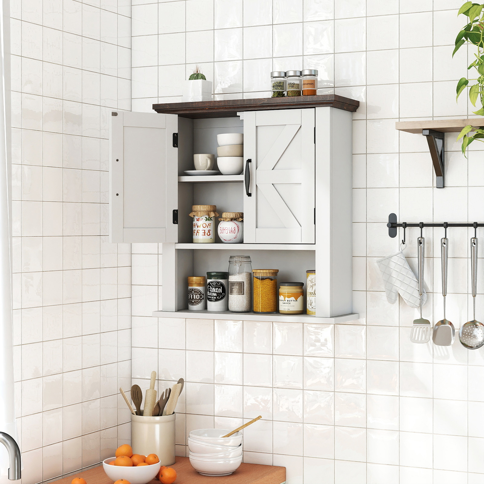 Image of Medicine Cabinet With Doors, Farmhouse Wall Mounted Bathroom Cabinet With Adjustable Shelf And Open Storage Compartment, Wall Storage Organizer For Living Room, Kitchen, Entryway