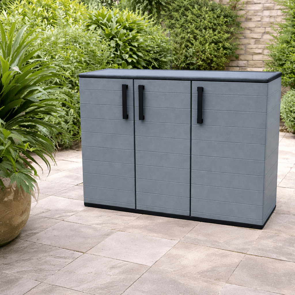 TEMU Low Outdoor Cabinet 3 Doors In Polypropylene With Adjustable Shelf – Waterproof Mobile For Garden, Balcony, Terrace And Garage – Rain-resistant