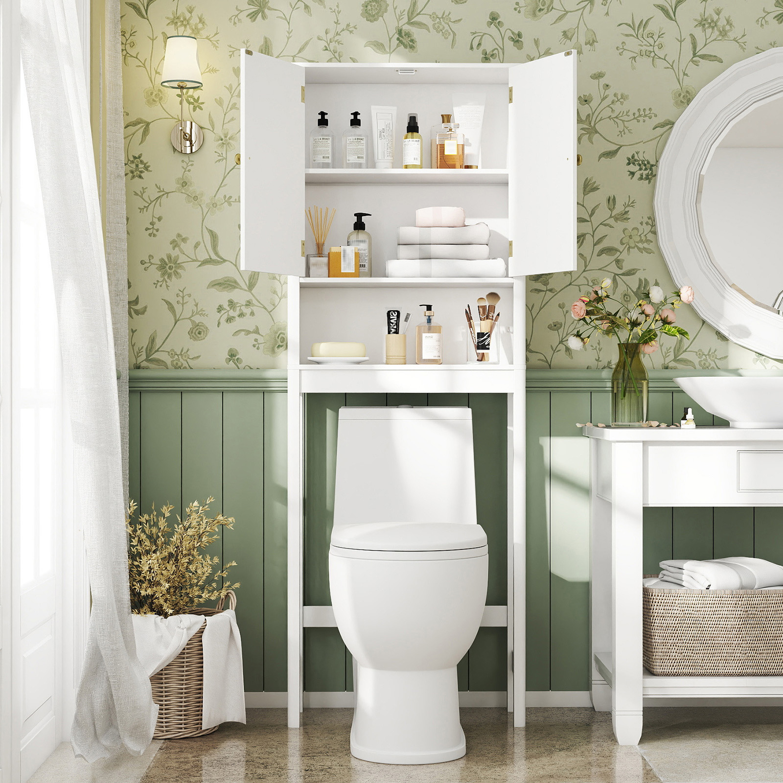 Image of Over The Toilet Storage Cabinet, Above Toilet Storage Rack Organizer With , Toilet Paper Holder And Adjustable Shelf, Freestanding Space Saver For Bathroom, Laundry, White