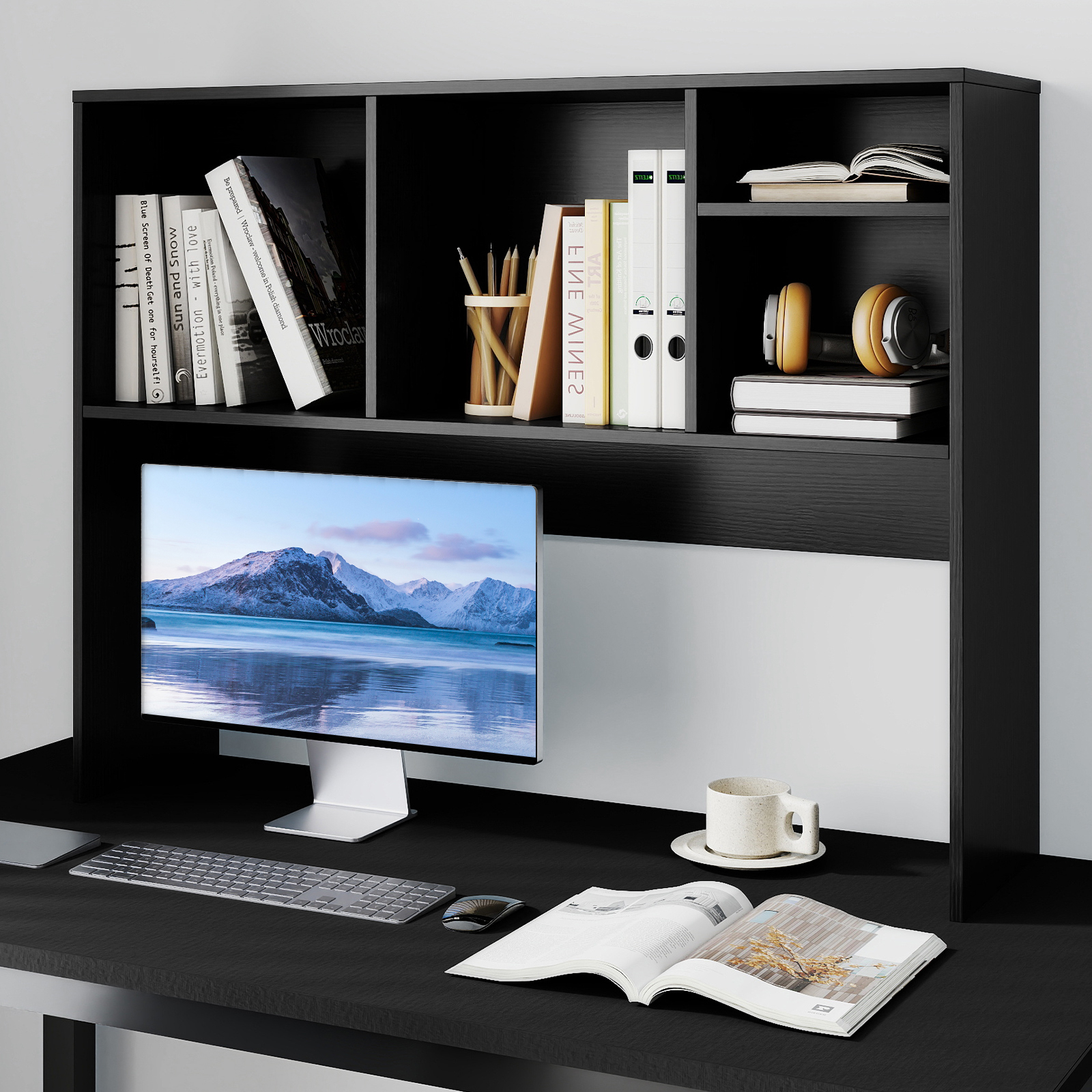 Desk Bookshelf, Countertop Storage Organizer With 4 Cubbies & Open Back Compartment, Modern Desktop Hutch Display Rack For Home Office College Dorm, Black